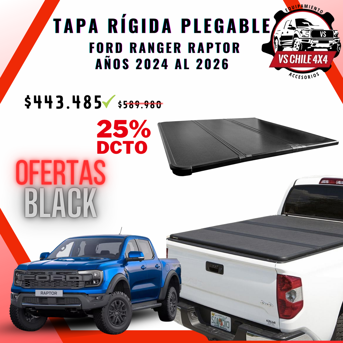 Tapa Plegable Rígida Ford Ranger Raptor 2024 al 2026