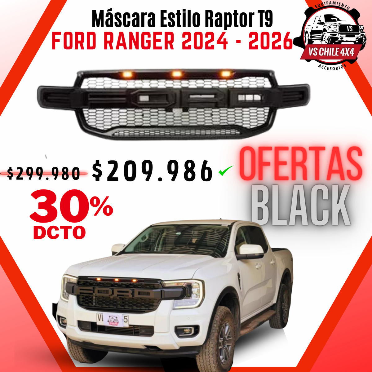 Máscara Estilo Raptor para Ford Ranger 2024–2026 | Luces LED y Ajuste Preciso