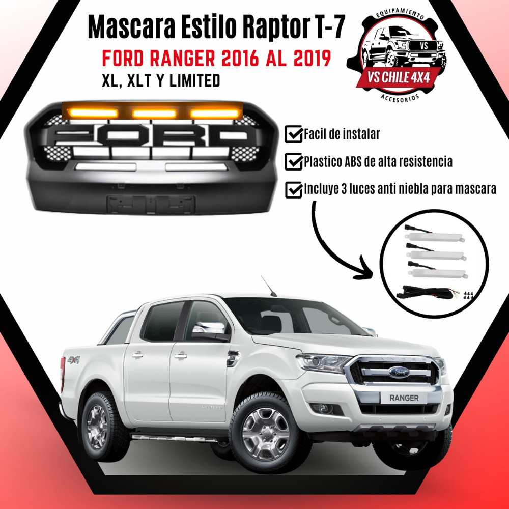 Máscara Estilo Raptor para Ford Ranger T7 2016–2019 | Luces LED y Estilo Agresivo