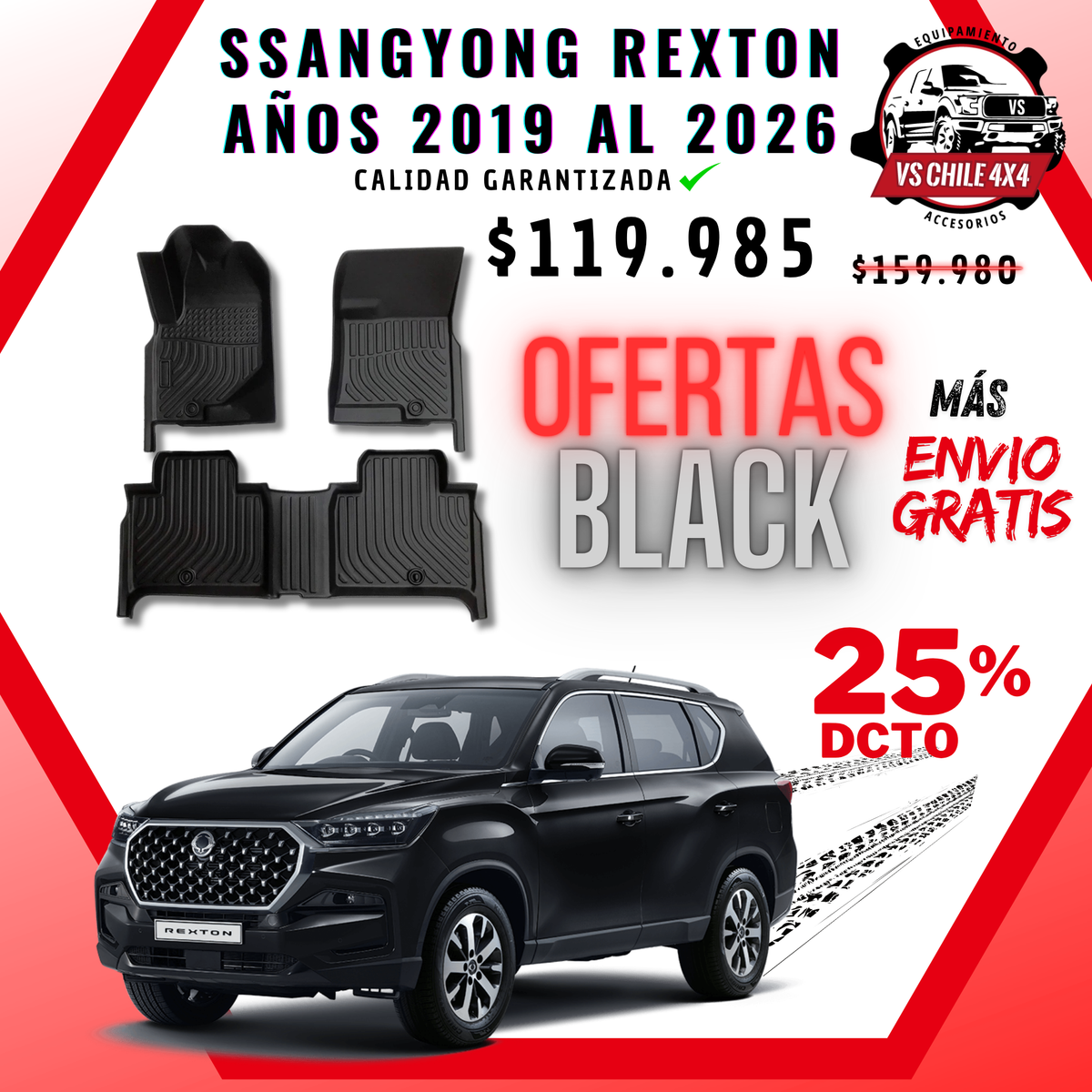 Pisos Calce Perfecto SsangYong Rexton 2019–2026 | Goma TPE | VS Chile 4x4