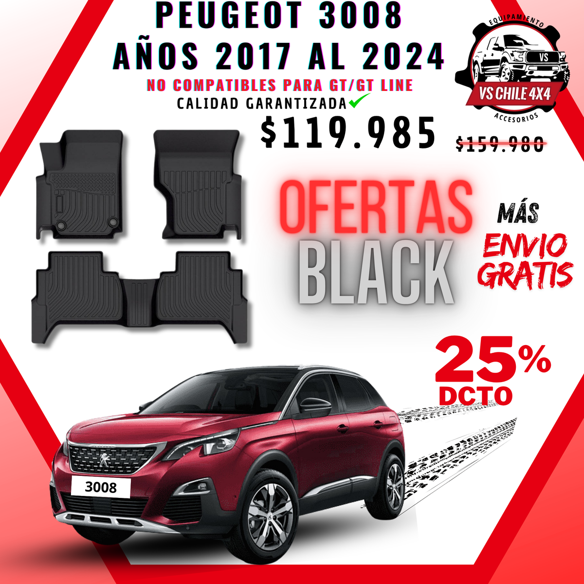 Pisos Calce Perfecto PEUGEOT 3008 años 2017 al 2024 NO COMPATIBLE PARA GT / GTLINE