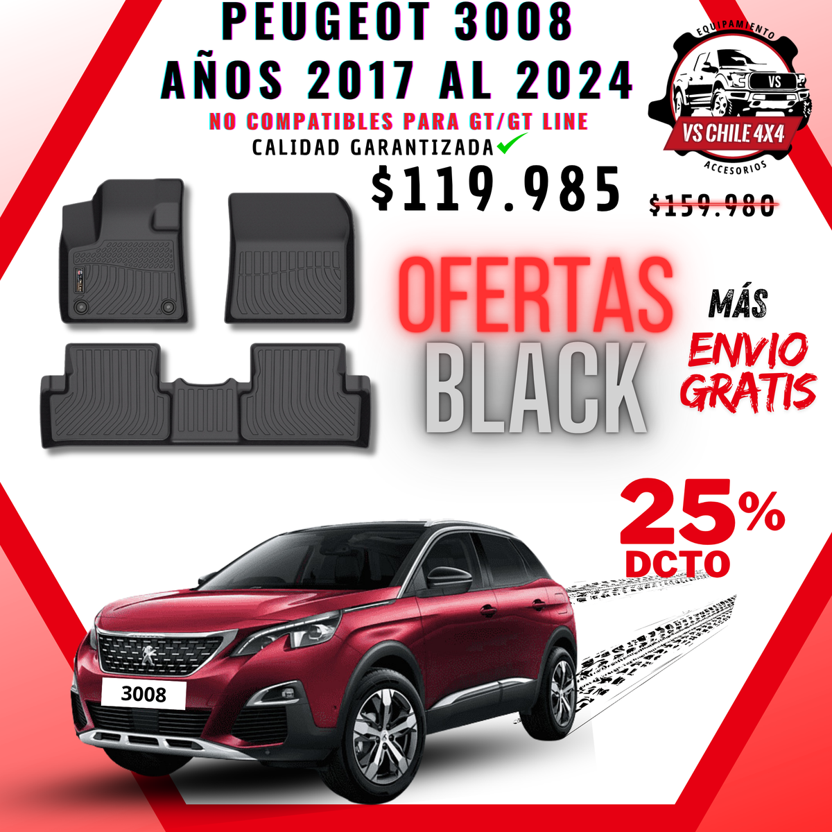 Pisos Calce Perfecto PEUGEOT 3008 años 2017 al 2024 NO COMPATIBLE PARA GT / GTLINE