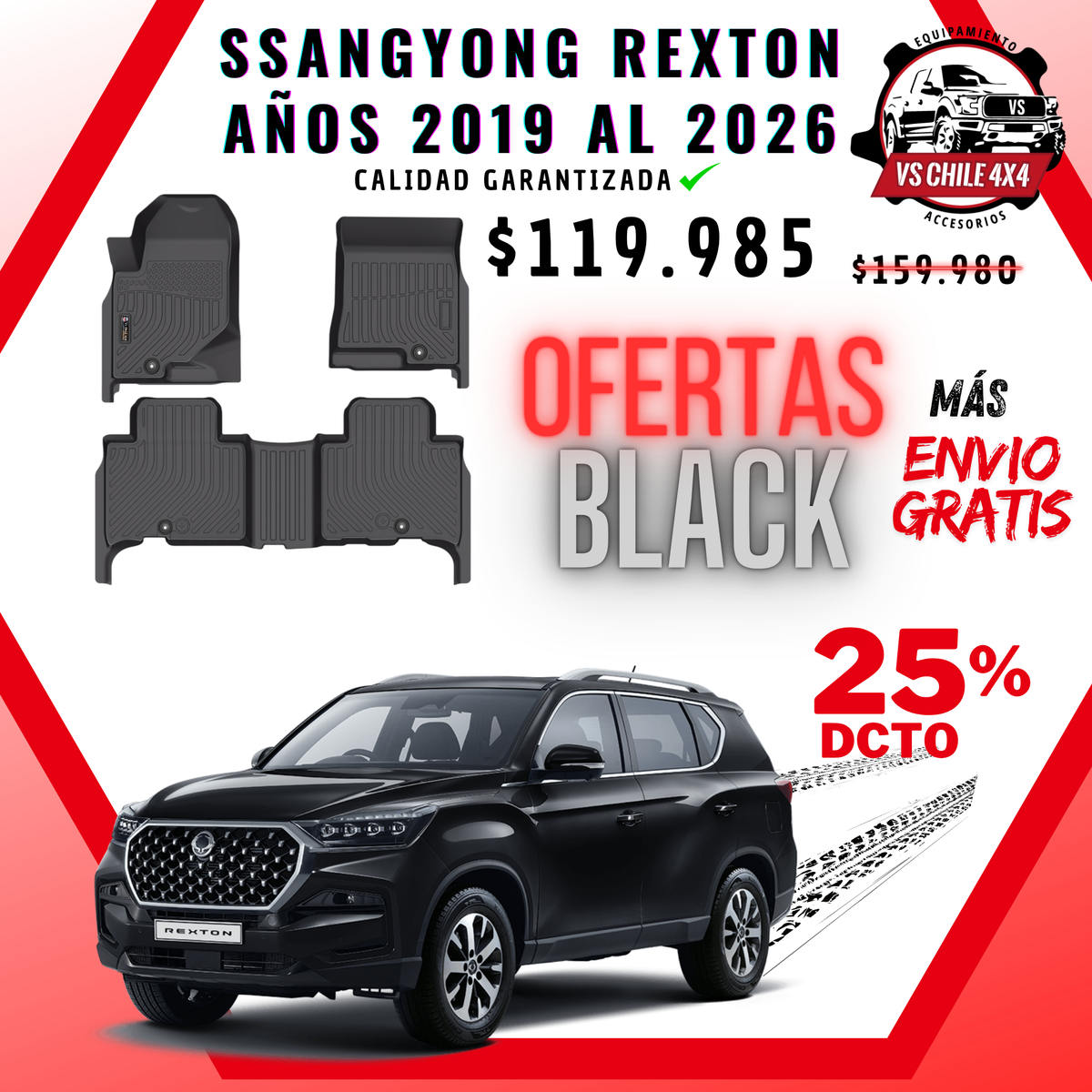 Pisos Calce Perfecto SsangYong Rexton 2019–2026 | Goma TPE | VS Chile 4x4
