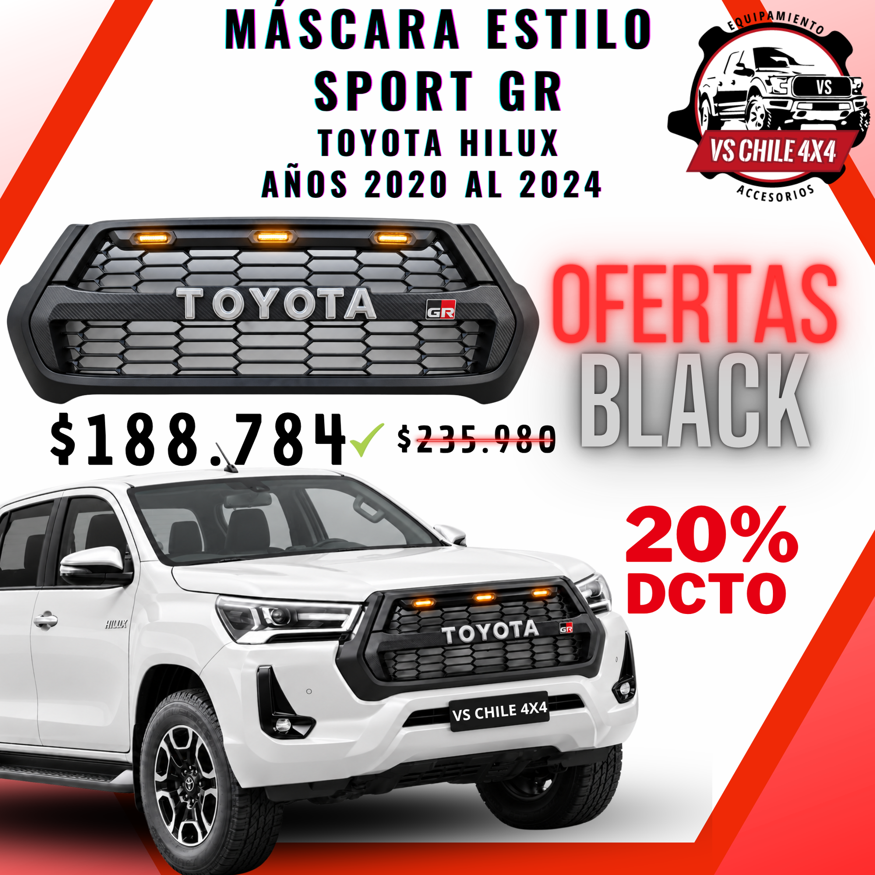 Máscara Estilo GR para Toyota Hilux 2020–2024 | Luces LED y Ajuste Preciso