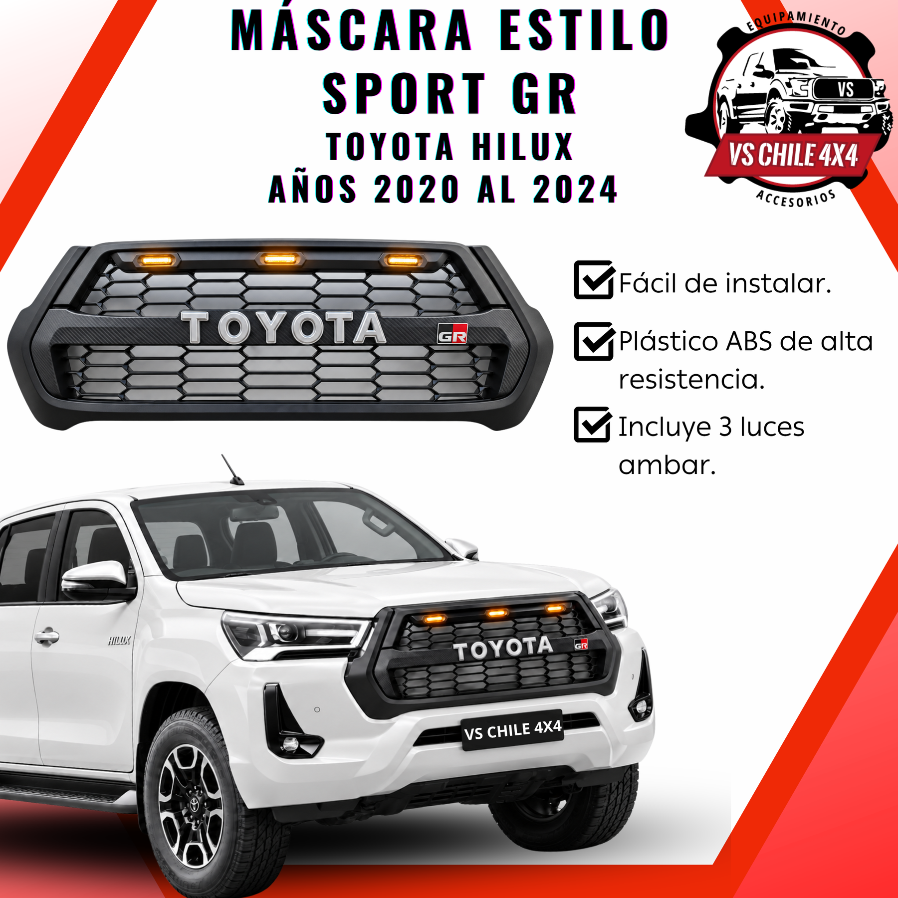 Máscara Estilo GR para Toyota Hilux 2020–2024 | Luces LED y Ajuste Preciso