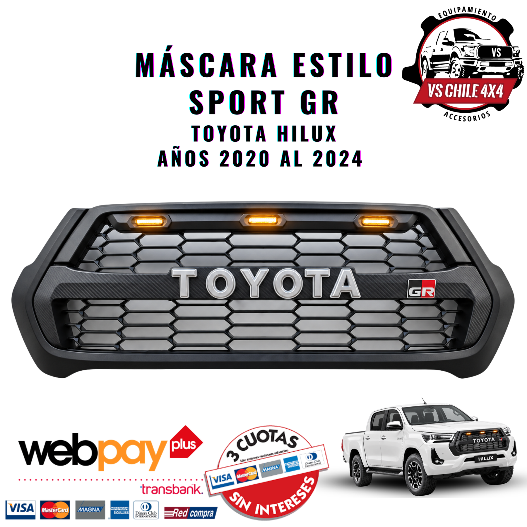 Máscara Estilo GR para Toyota Hilux 2020–2024 | Luces LED y Ajuste Preciso