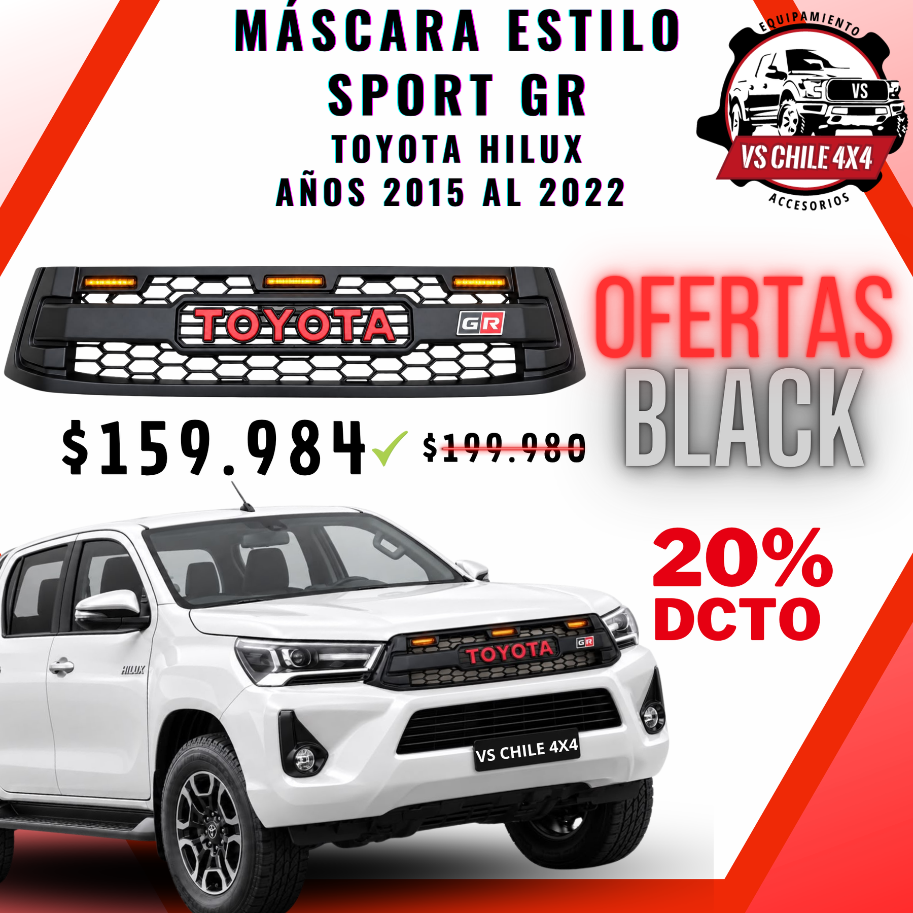 Máscara Estilo GR para Toyota Hilux 2015–2022 | Luces LED y Ajuste Preciso