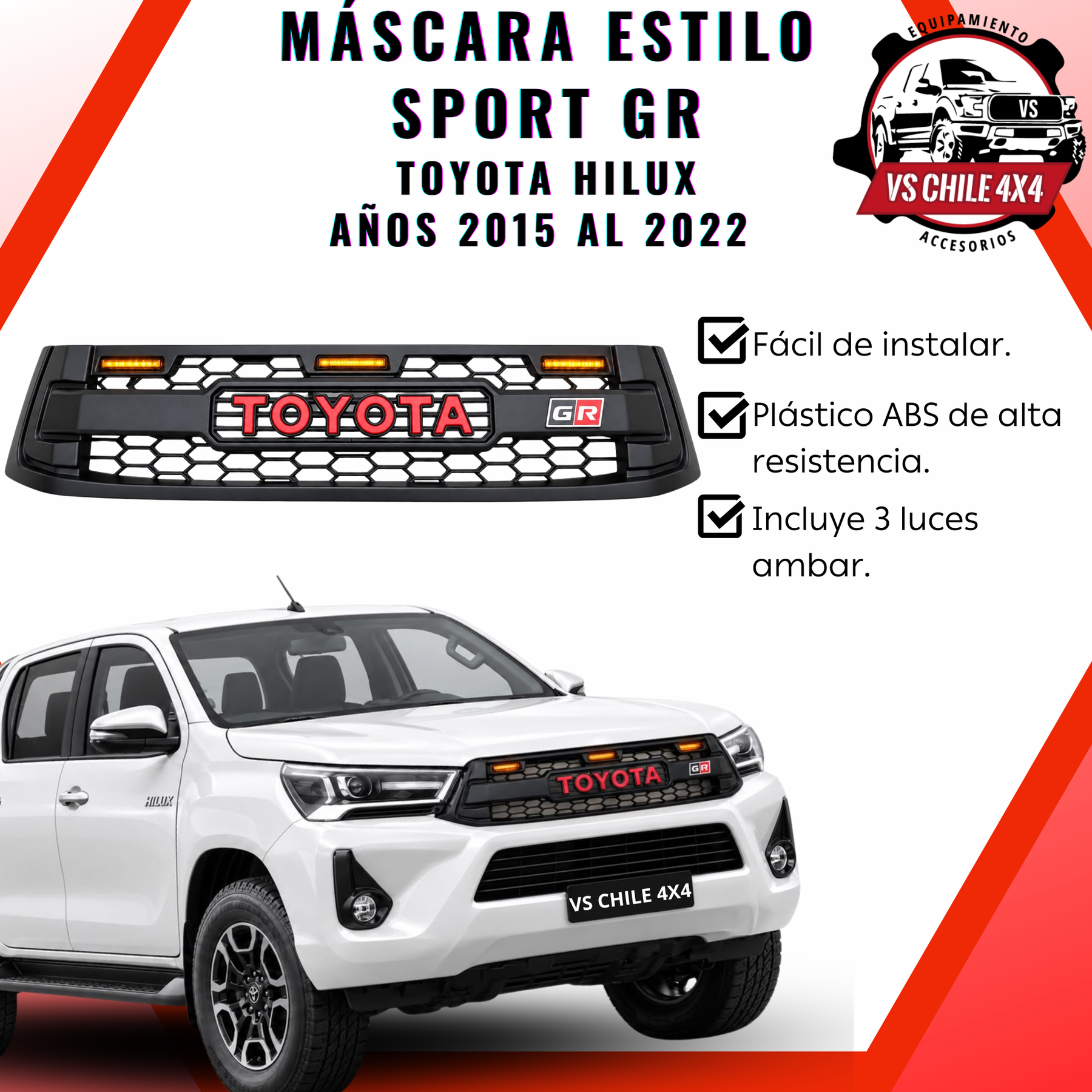 Máscara Estilo GR para Toyota Hilux 2015–2022 | Luces LED y Ajuste Preciso