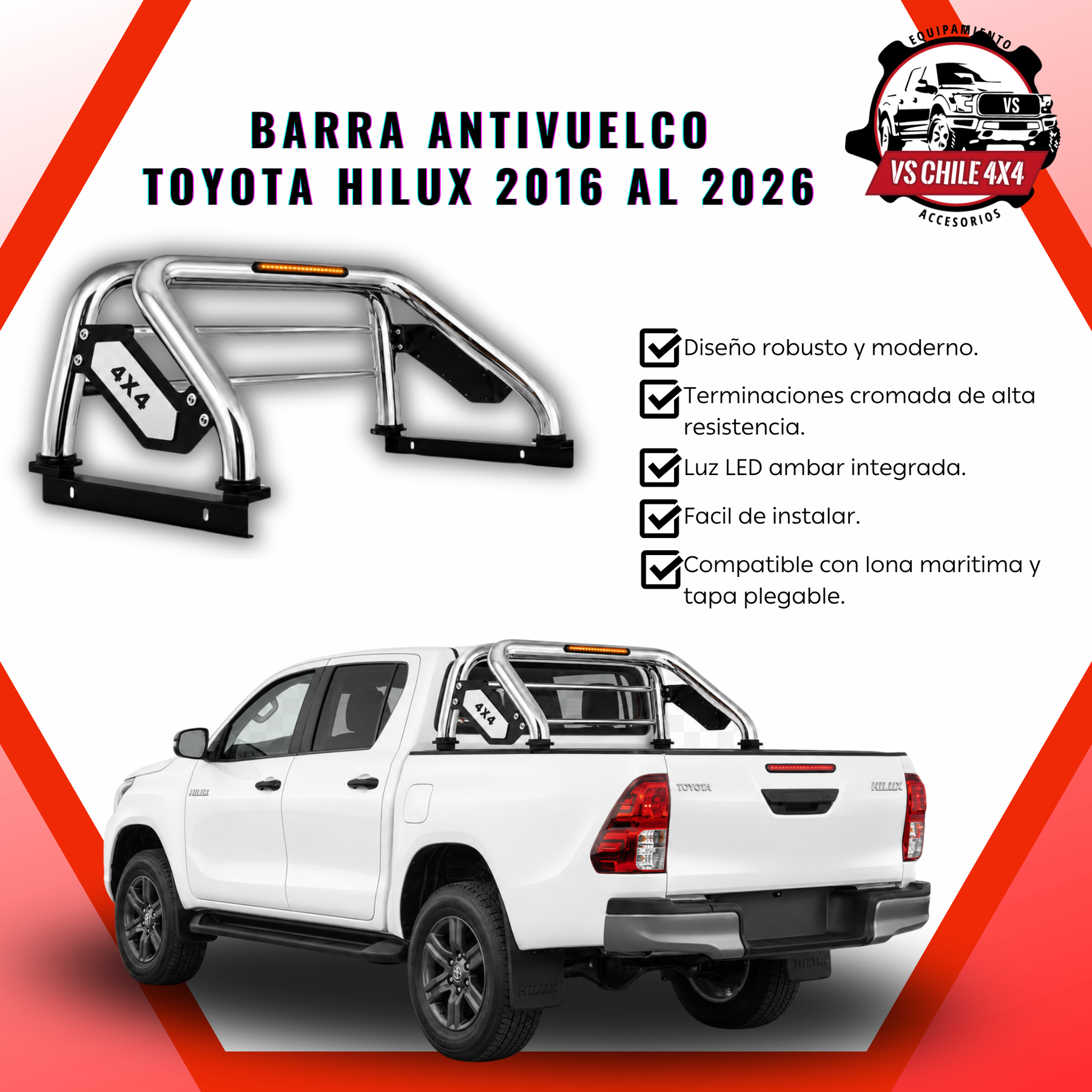Barra Antivuelco Cromada Toyota Hilux 2016-2026 con Luz LED