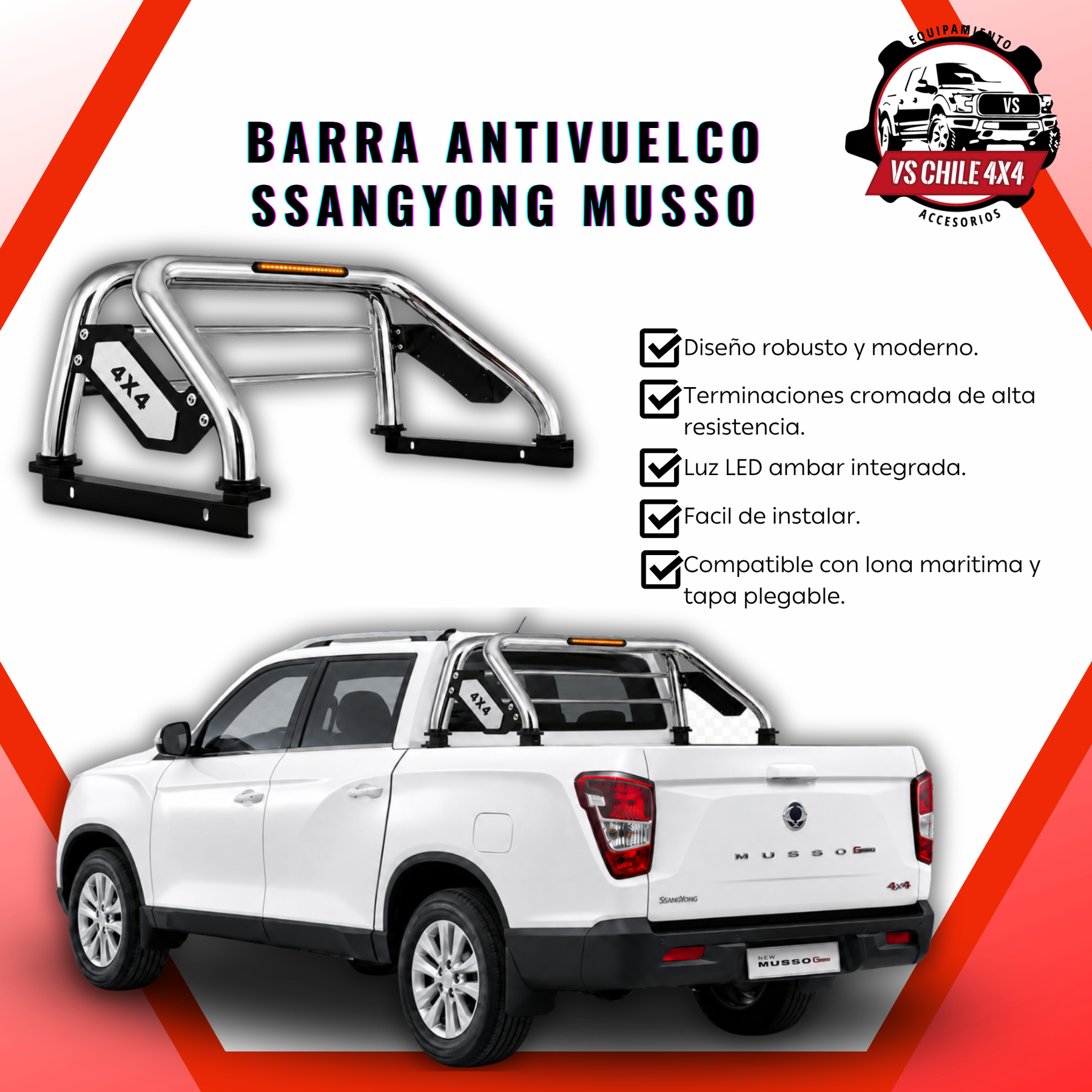 Barra Antivuelco Cromada Ssangyong Musso con Luz LED