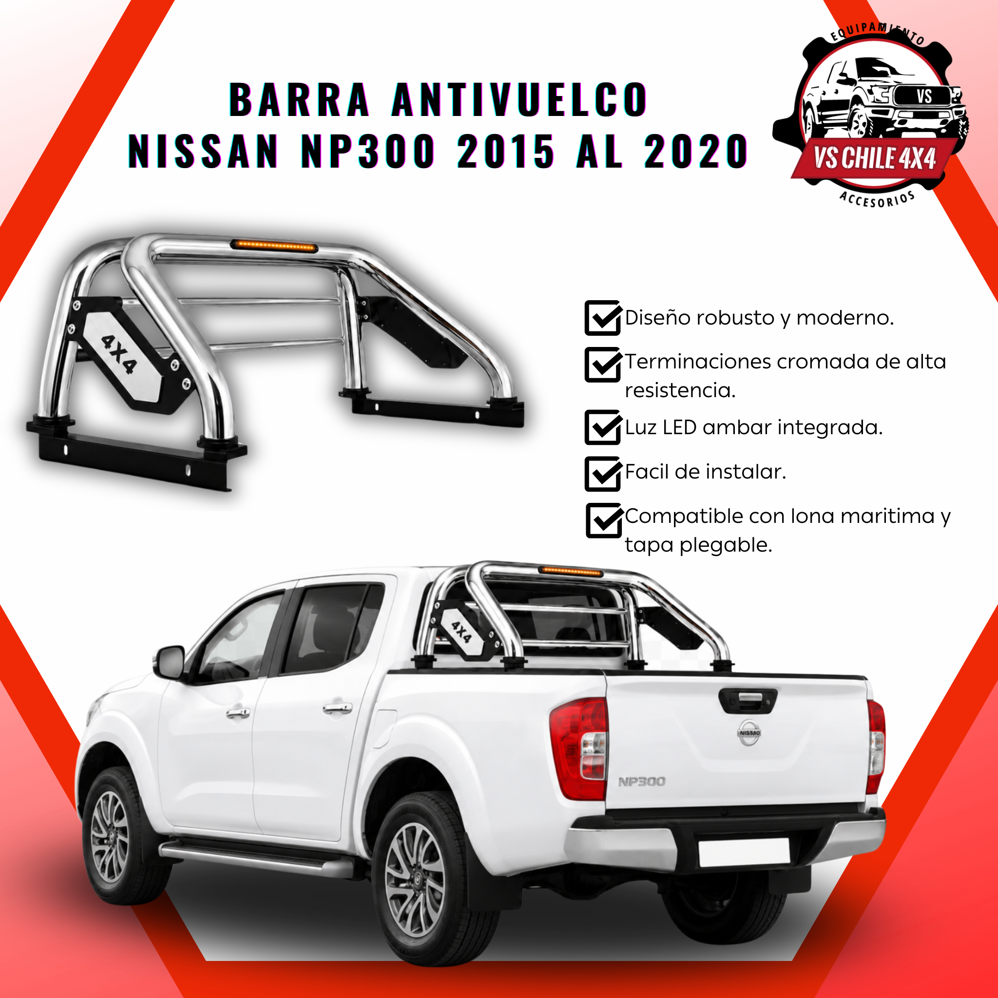 Barra Antivuelco Cromada Nissan NP300 2015-2020 con Luz LED