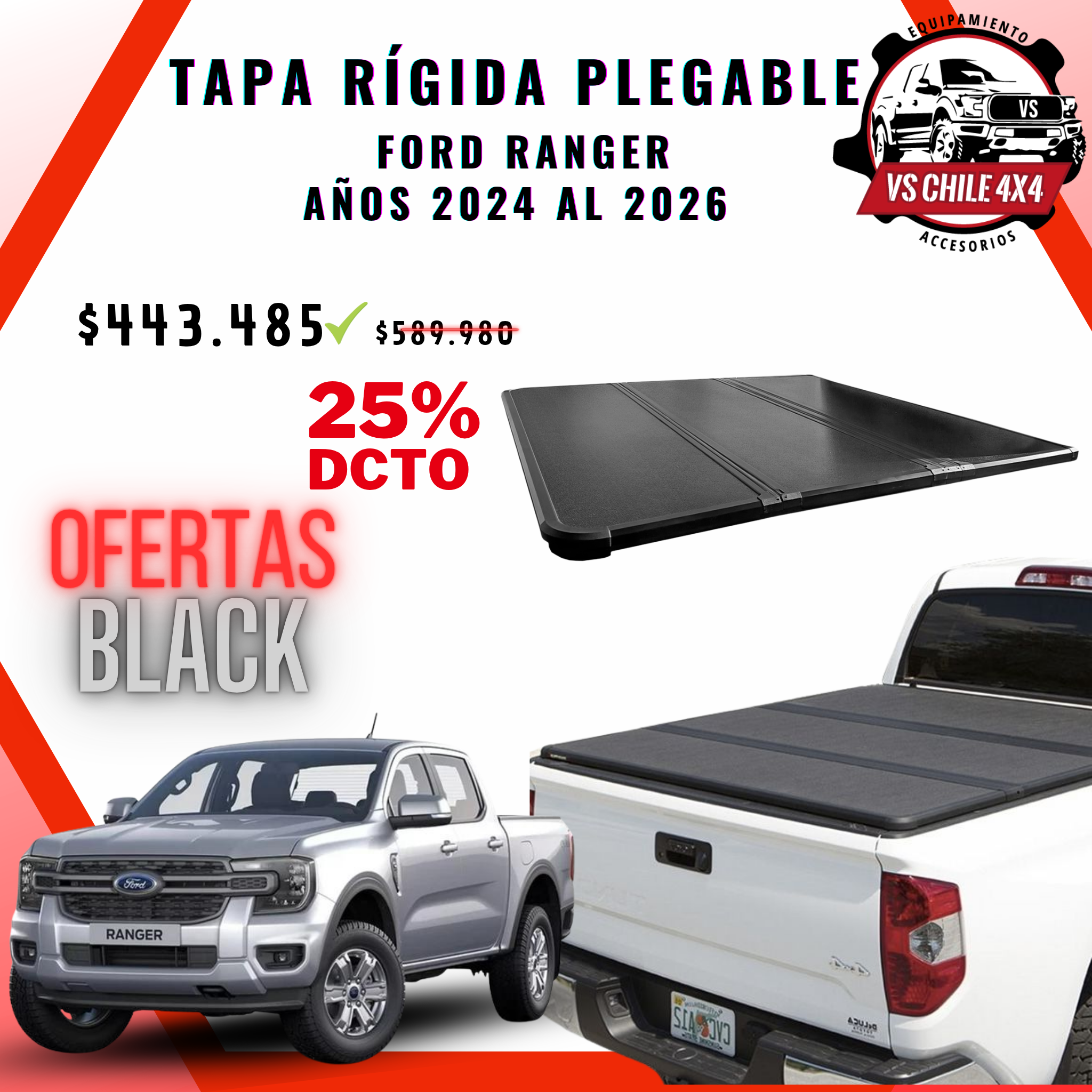 Tapa Tri Fold Plegable Rígida Ford Ranger 2024–2026 (No Limited)