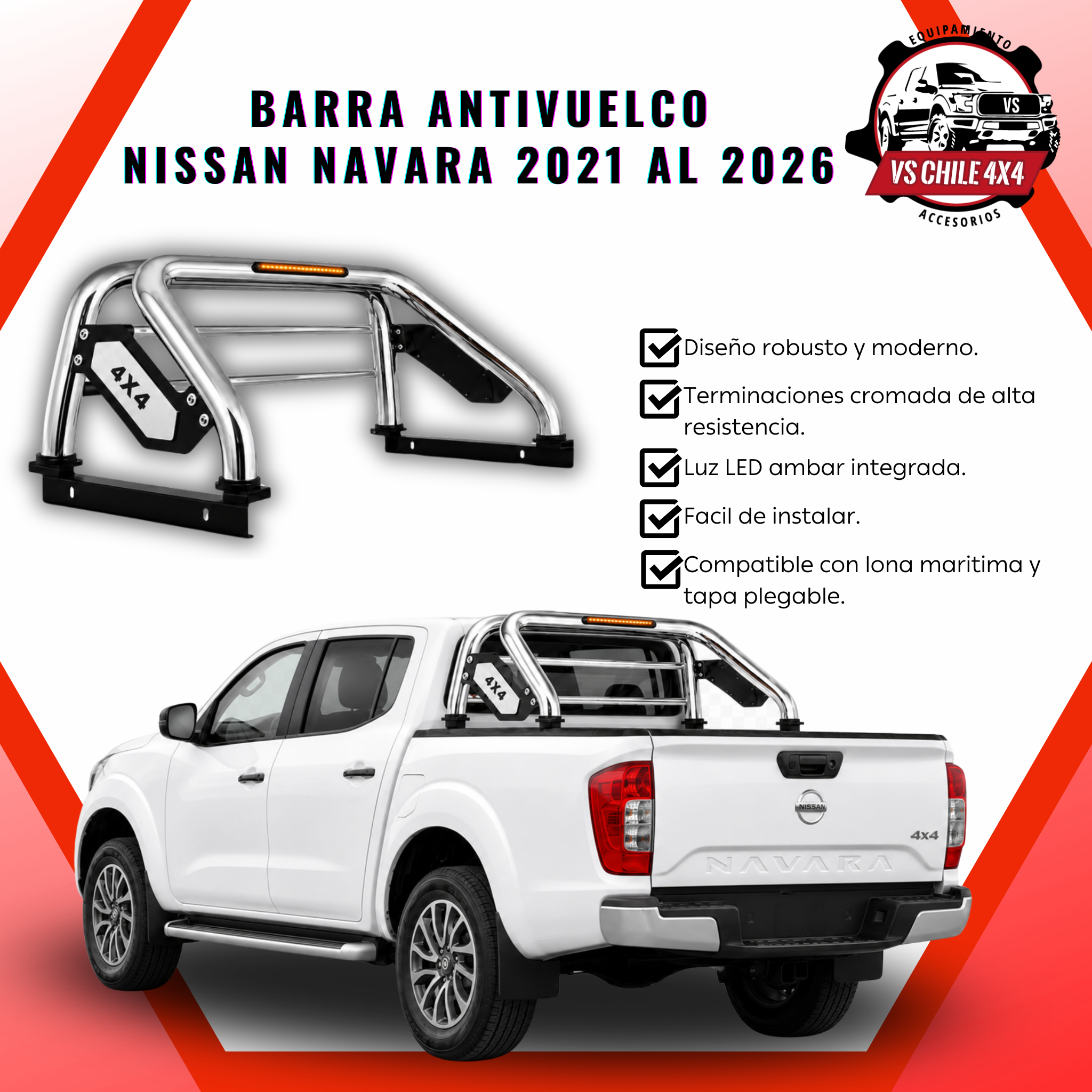 Barra Antivuelco Cromada Nissan Navara 2021-2026 con Luz LED