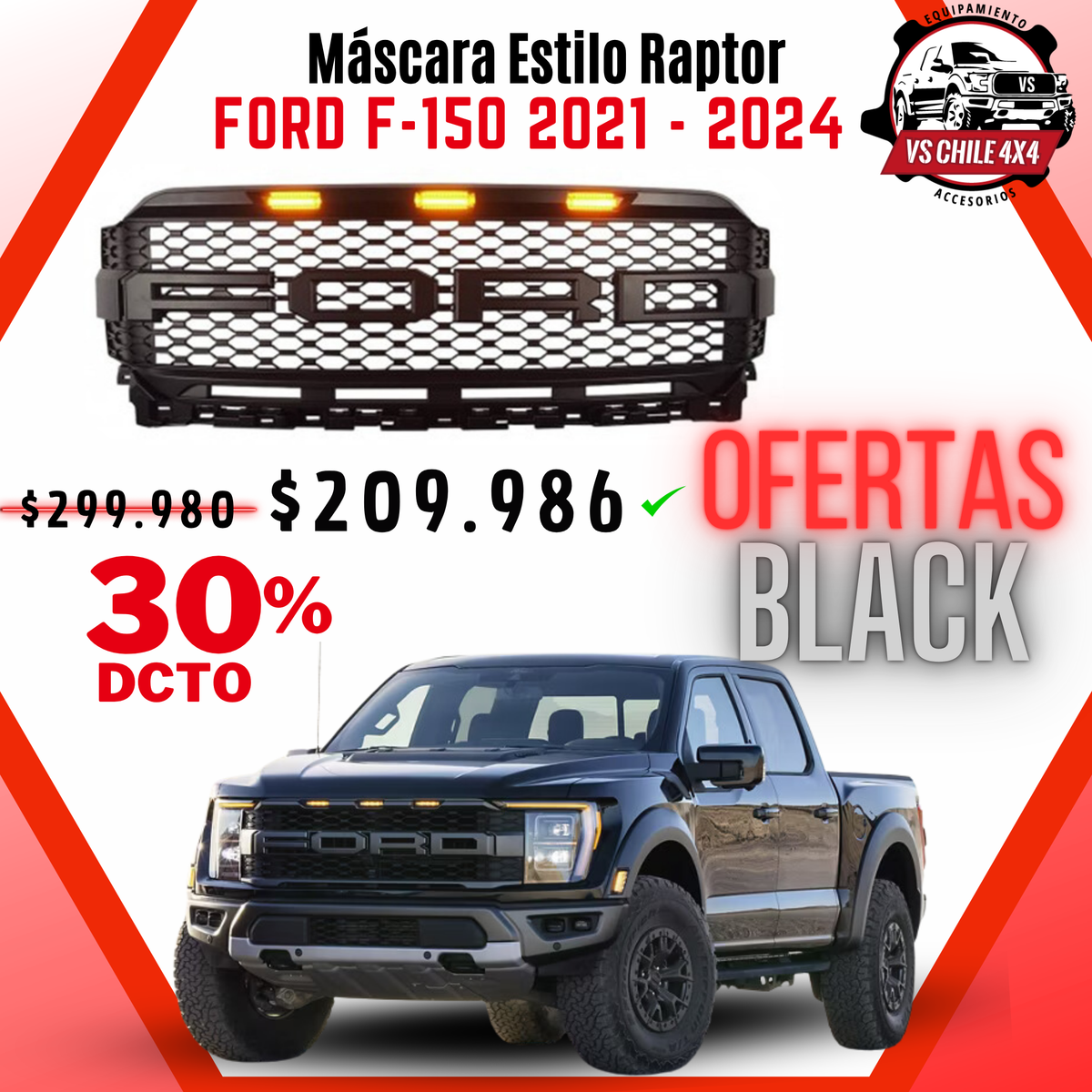 Máscara Estilo Raptor Ford F-150 (2021 - 2024) con Luces Ámbar