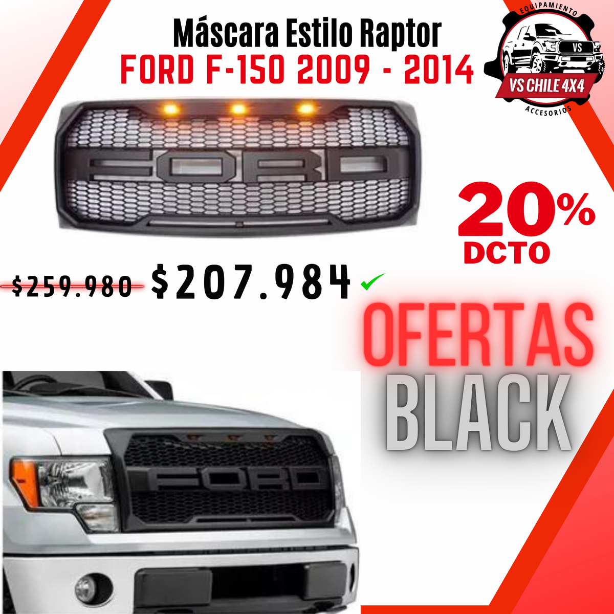 Máscara Estilo Raptor Ford F150 2009–2014 | LED Ámbar y Calce Exacto