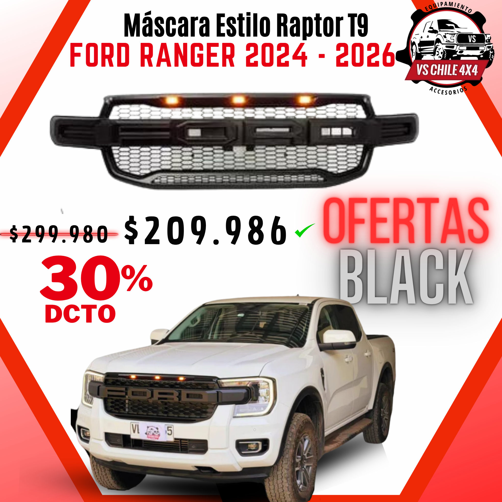 Máscara Estilo Raptor para Ford Ranger 2024–2026 | Luces LED y Ajuste Preciso