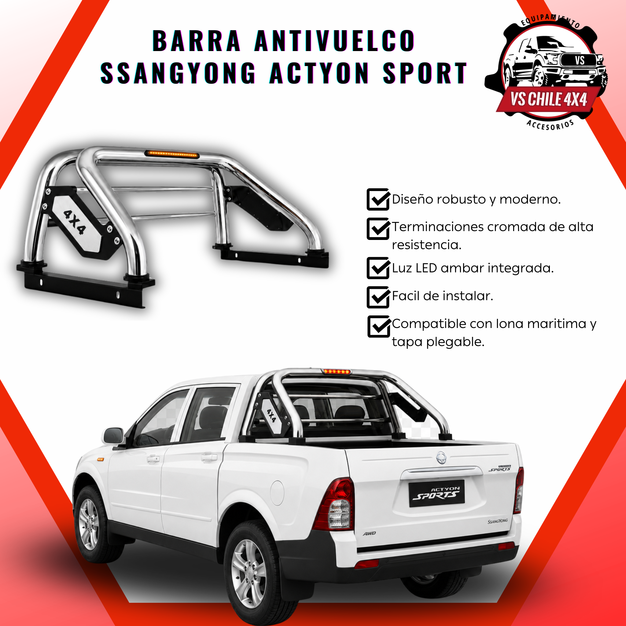 Barra Antivuelco Cromada Actyon Sport 2015-2026 con Luz LED
