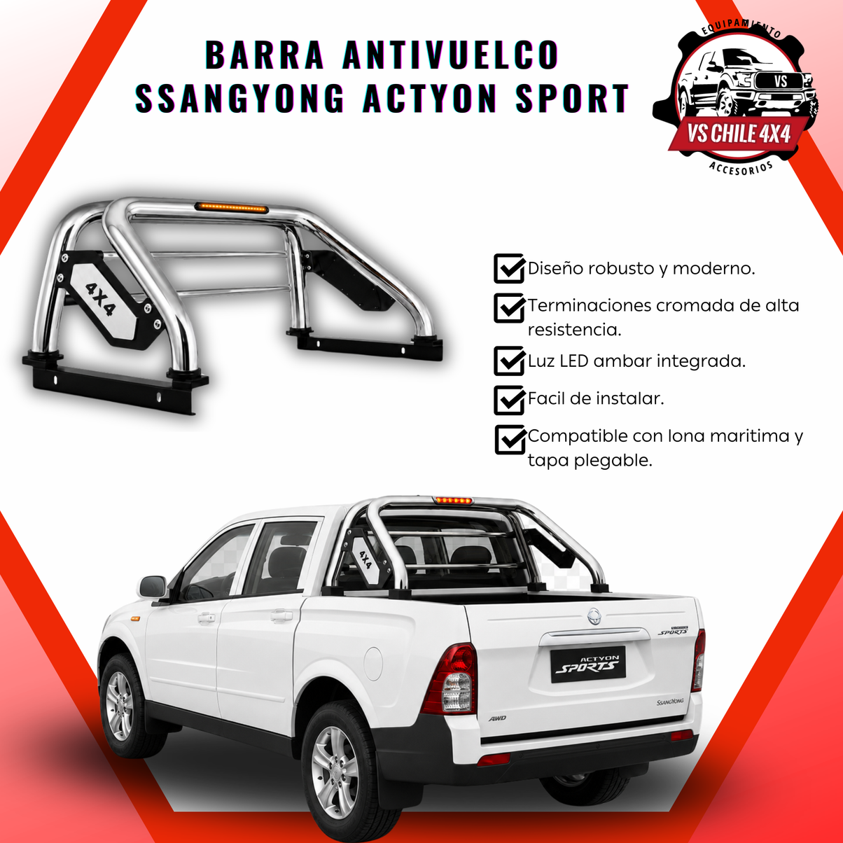 Barra Antivuelco Cromada Actyon Sport 2015-2026 con Luz LED