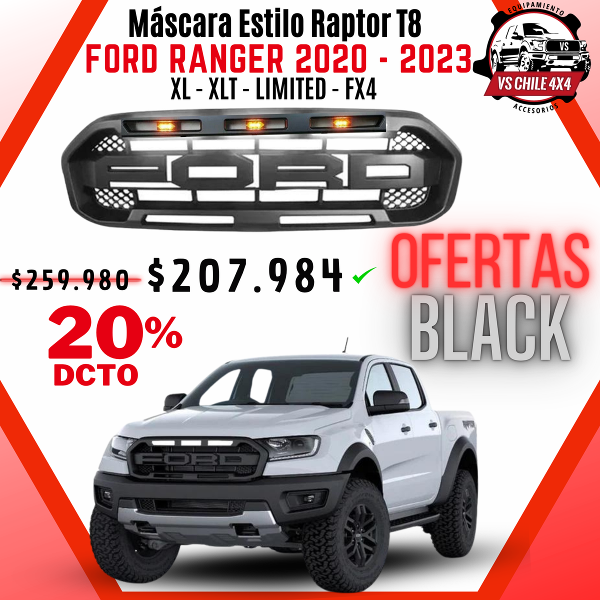 Máscara Estilo Raptor Ford Ranger (2020 - 2023) con Luces Ámbar