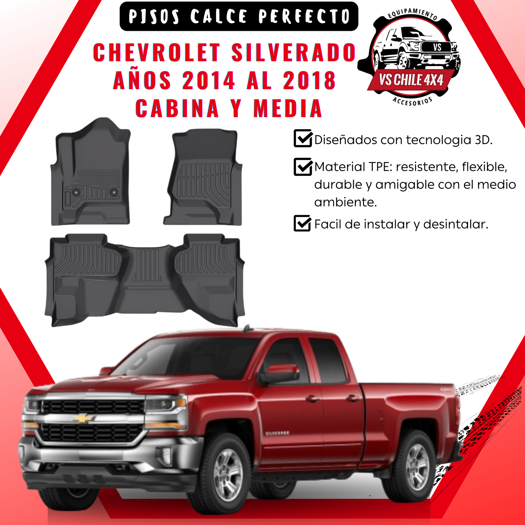 Pisos Calce Perfecto Chevrolet Silverado cabina y media años 2014 al 2018