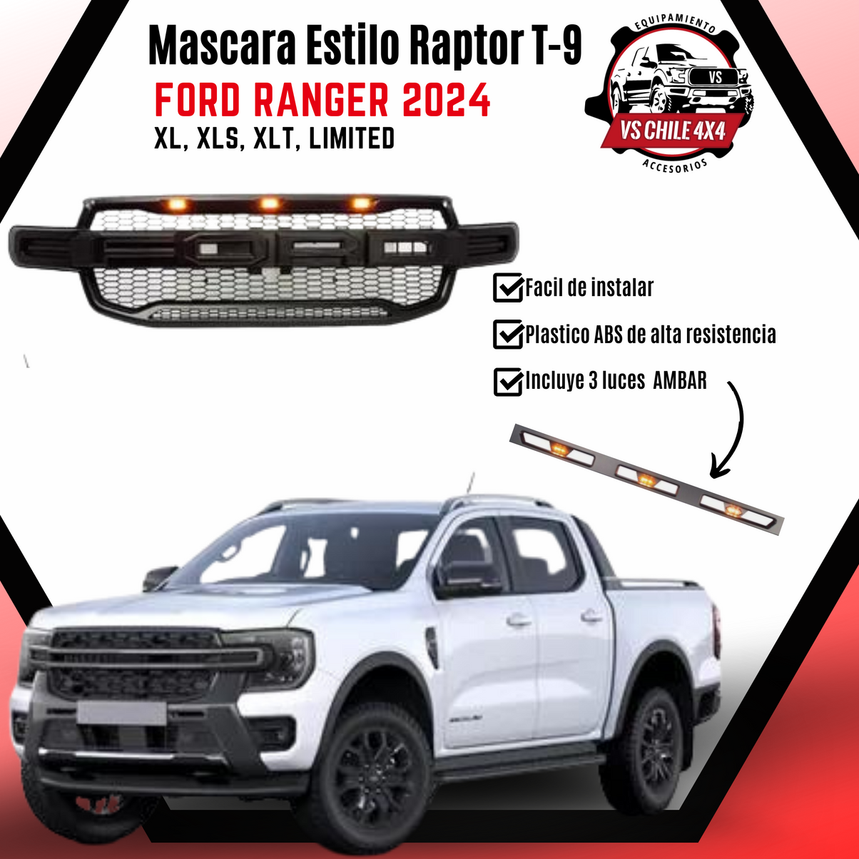 Máscara Estilo Raptor para Ford Ranger 2024–2026 | Luces LED y Ajuste Preciso