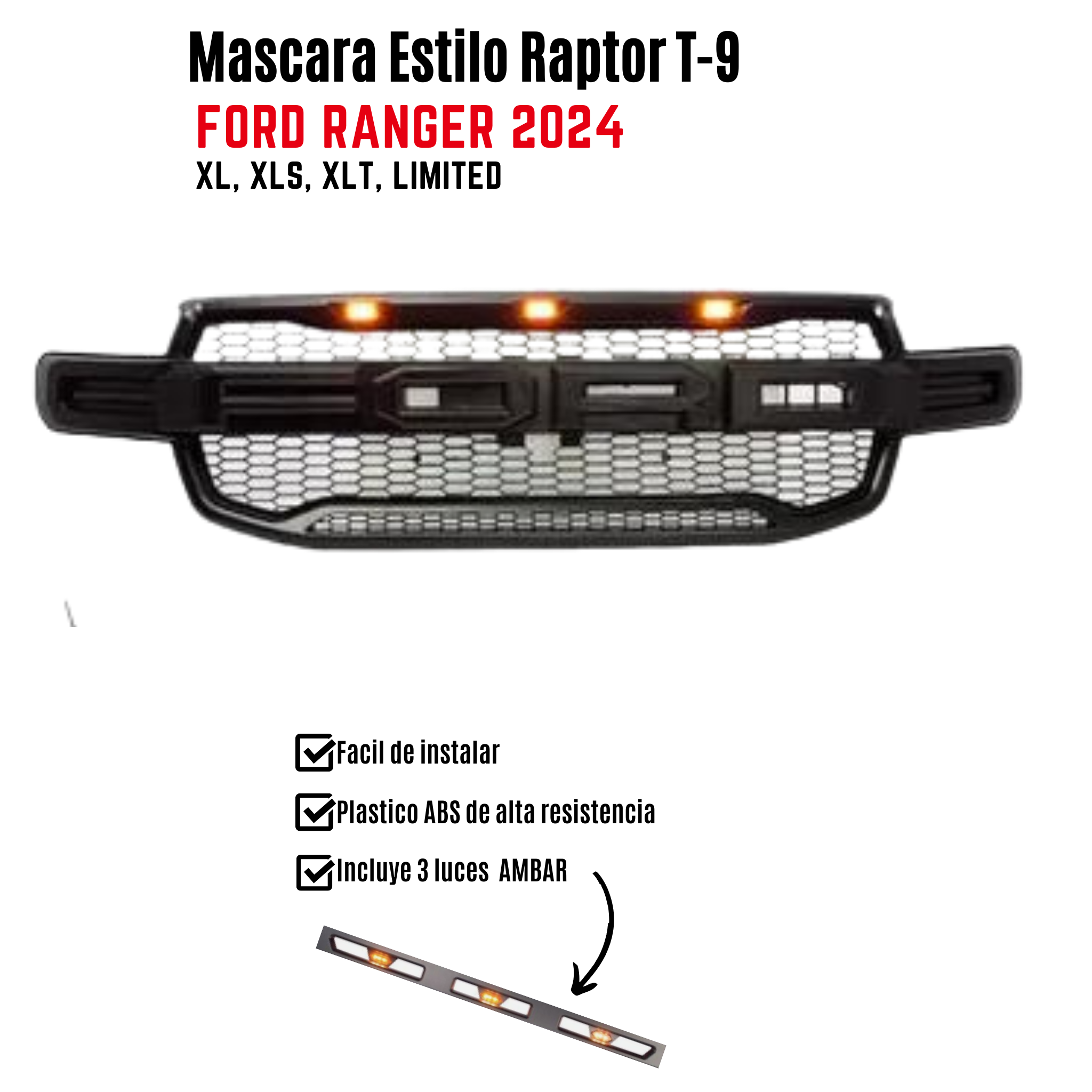 Máscara Estilo Raptor para Ford Ranger 2024–2026 | Luces LED y Ajuste Preciso