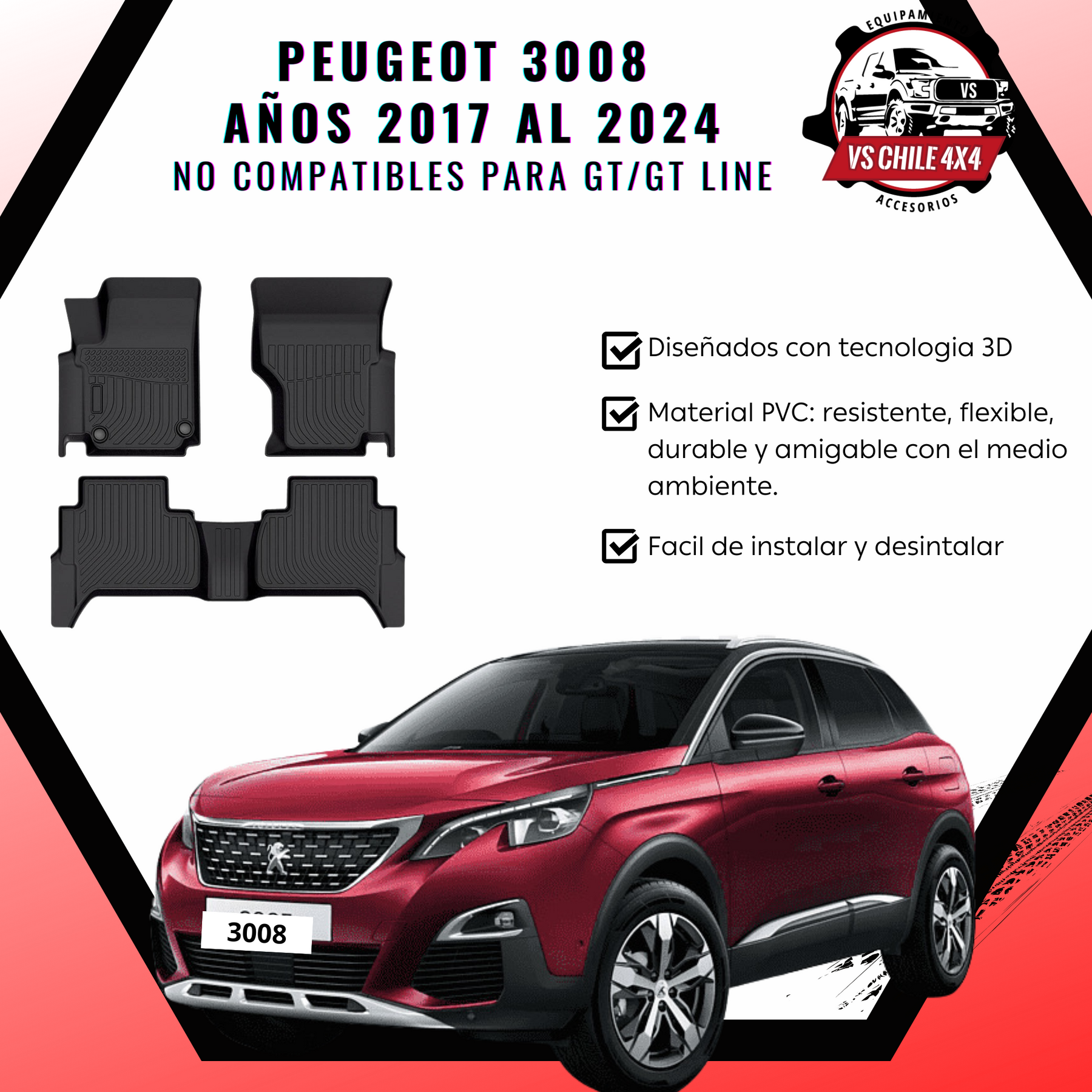 Pisos Calce Perfecto PEUGEOT 3008 años 2017 al 2024 NO COMPATIBLE PARA GT / GTLINE