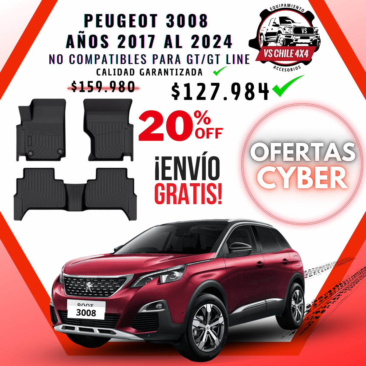 Pisos Calce Perfecto PEUGEOT 3008 años 2017 al 2024 NO COMPATIBLE PARA GT / GTLINE