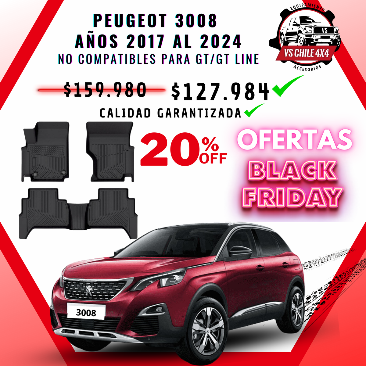 Pisos Calce Perfecto PEUGEOT 3008 años 2017 al 2024 NO COMPATIBLE PARA GT / GTLINE