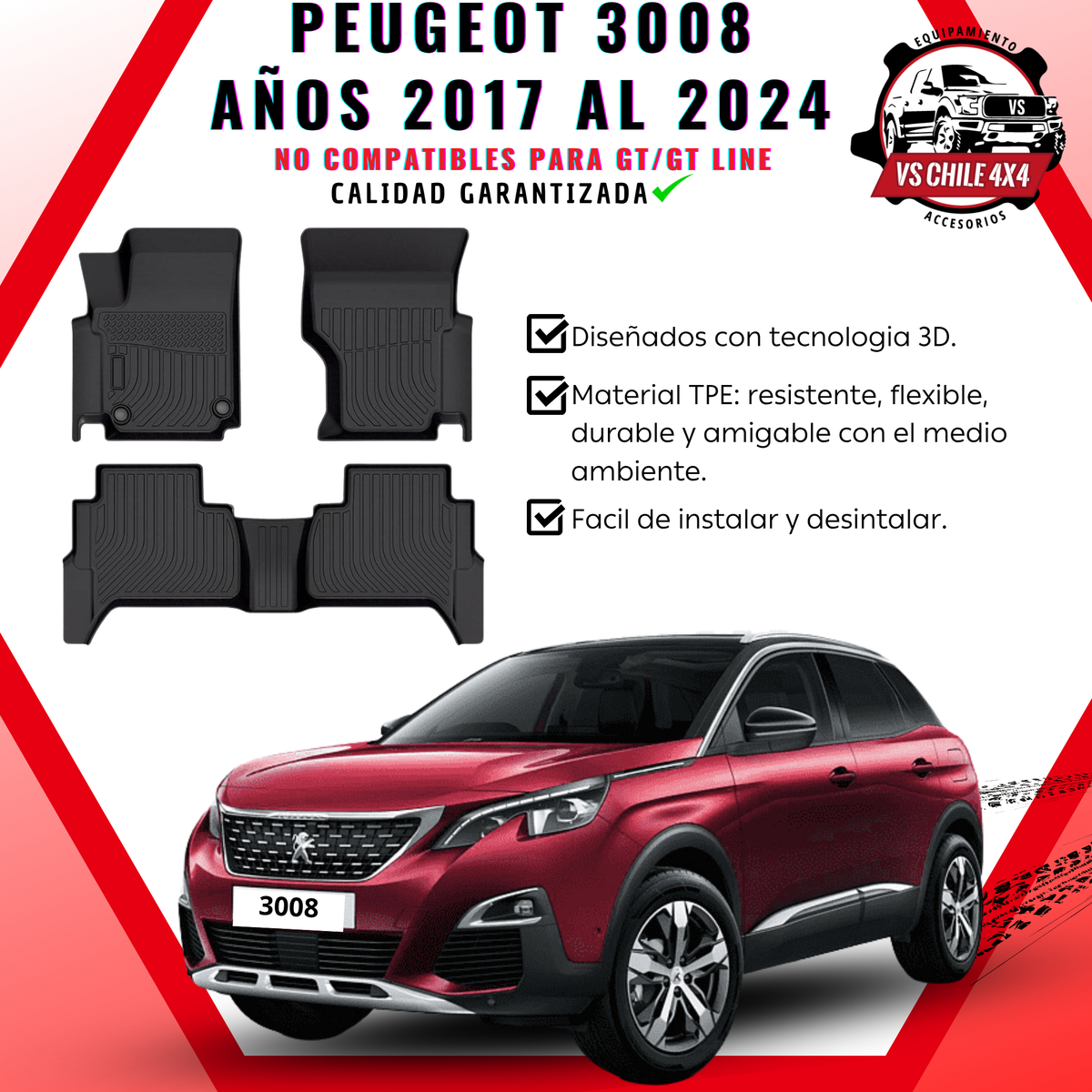 Pisos Calce Perfecto PEUGEOT 3008 años 2017 al 2024 NO COMPATIBLE PARA GT / GTLINE