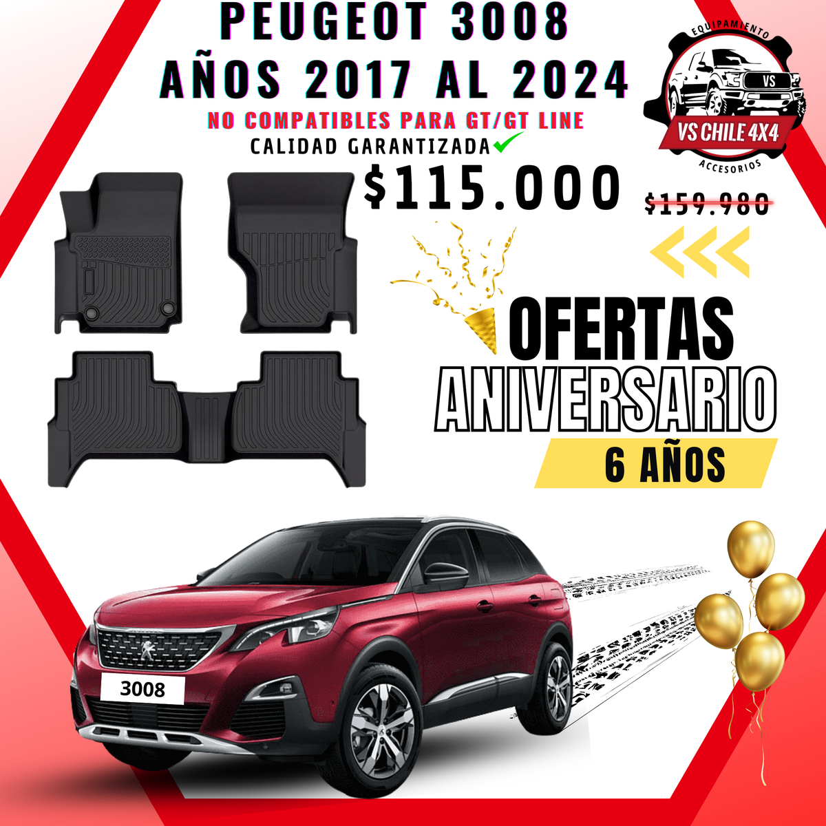 Pisos Calce Perfecto PEUGEOT 3008 años 2017 al 2024 NO COMPATIBLE PARA GT / GTLINE