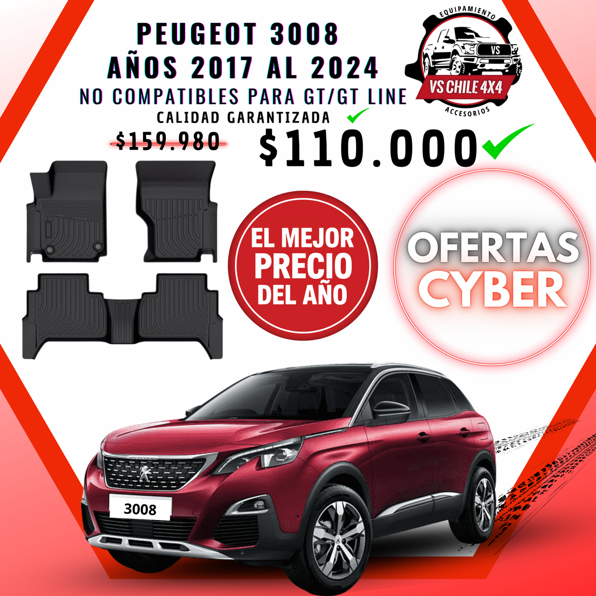 Pisos Calce Perfecto PEUGEOT 3008 años 2017 al 2024 NO COMPATIBLE PARA GT / GTLINE
