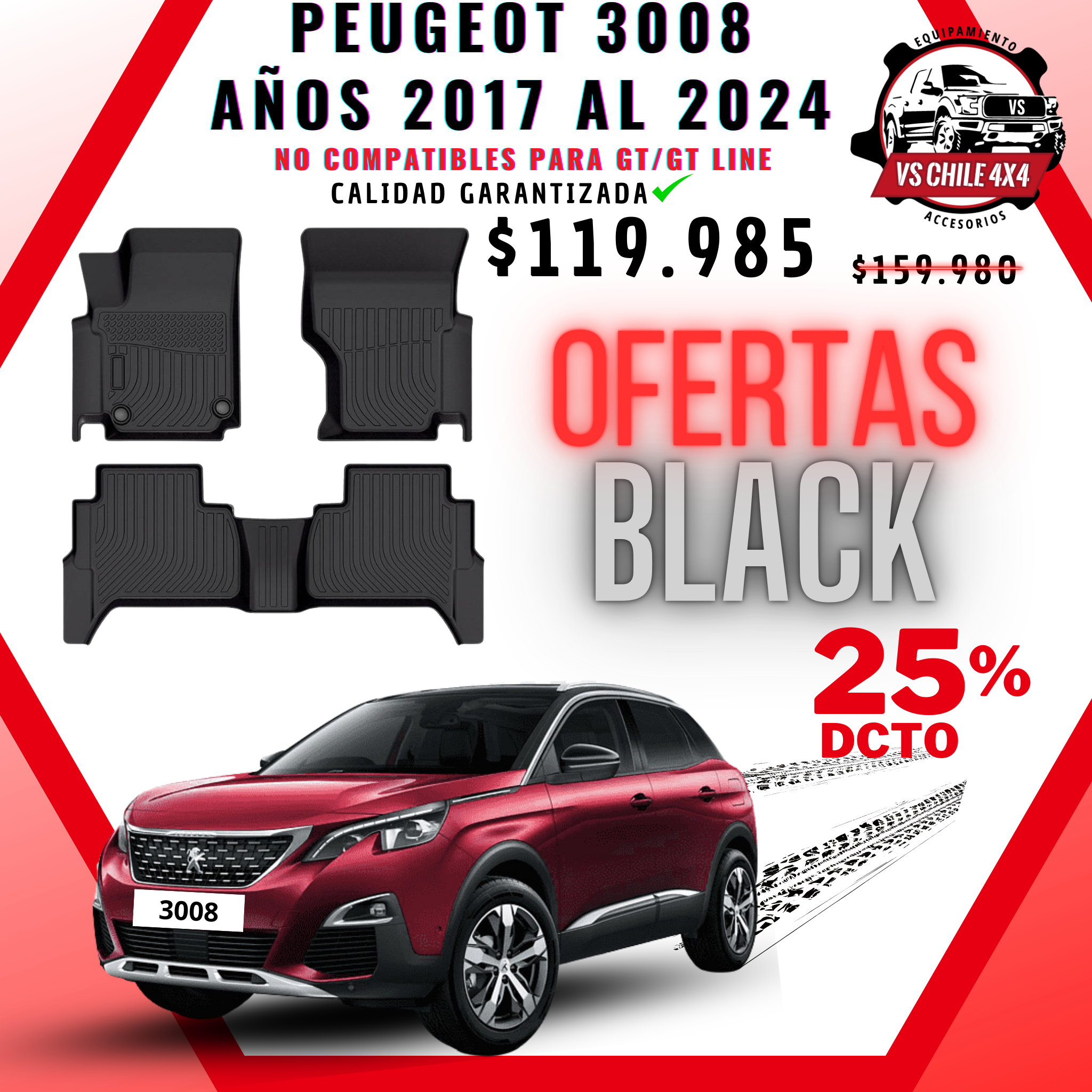 Pisos Calce Perfecto PEUGEOT 3008 años 2017 al 2024 NO COMPATIBLE PARA GT / GTLINE