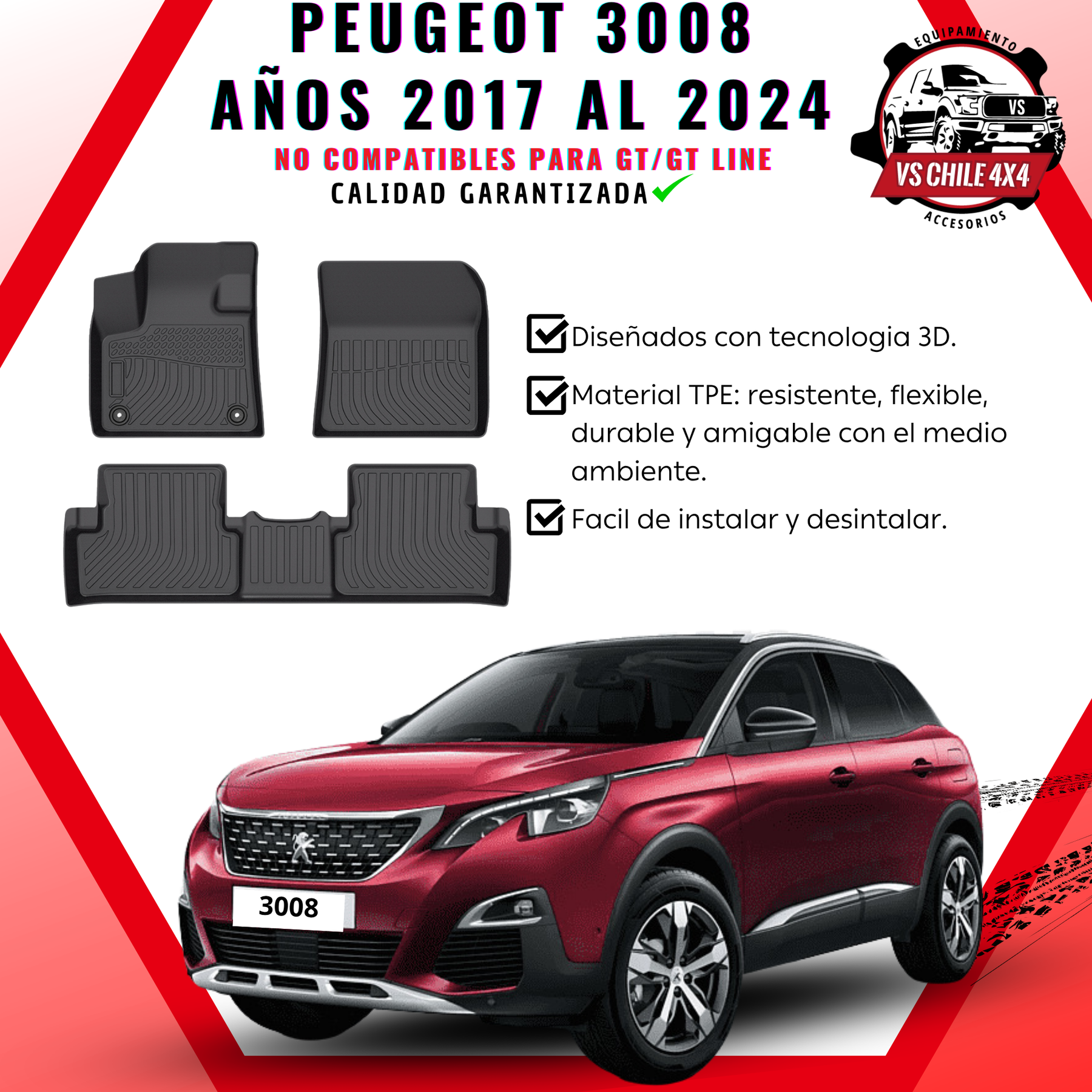 Pisos Calce Perfecto PEUGEOT 3008 años 2017 al 2024 NO COMPATIBLE PARA GT / GTLINE