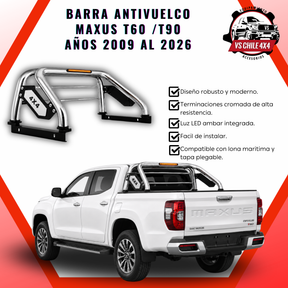 Barra Antivuelco Cromada Maxus T60 / T90 2009-2026 con Luz LED