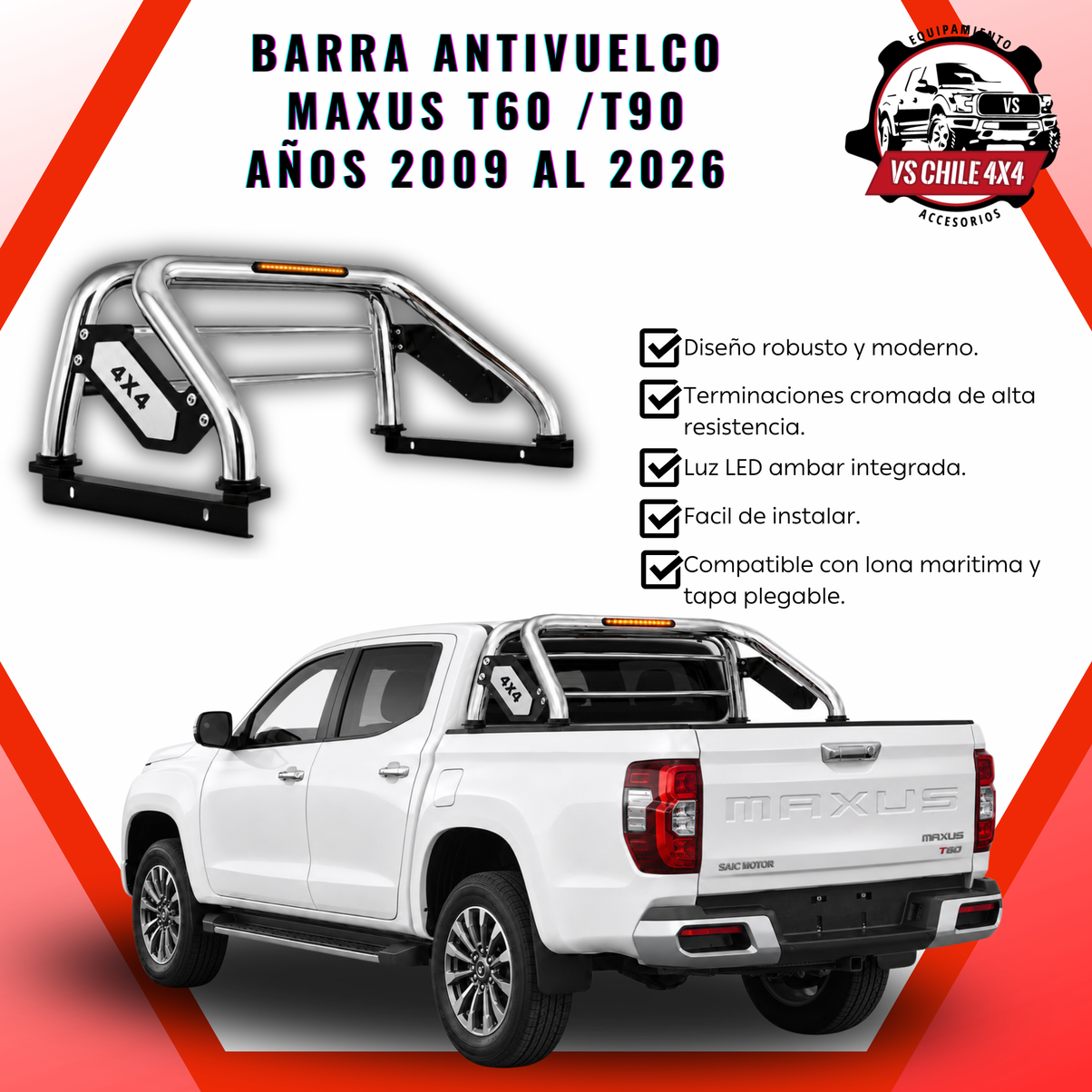 Barra Antivuelco Cromada Maxus T60 / T90 2009-2026 con Luz LED