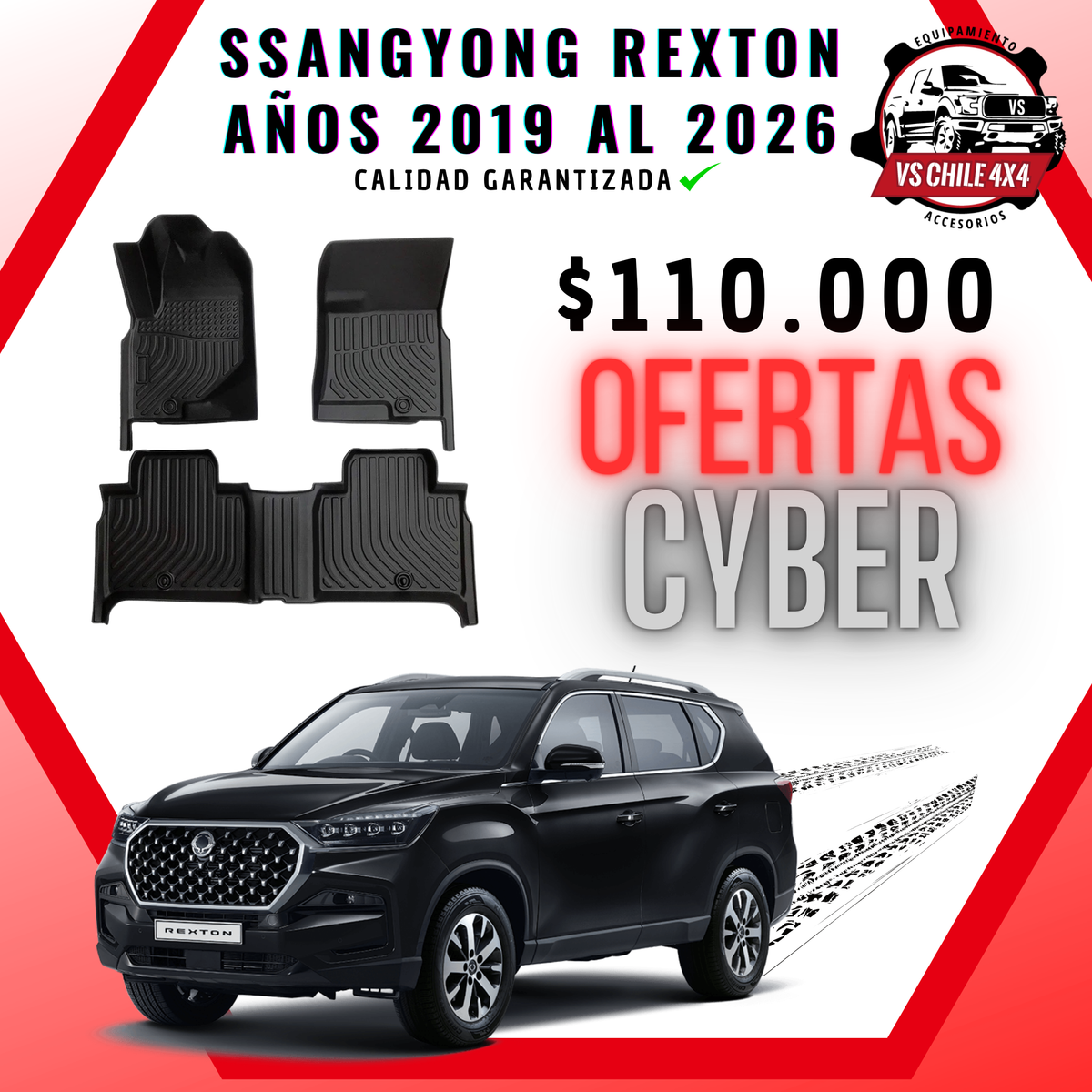 Pisos Calce Perfecto SsangYong Rexton 2019–2026 | Goma TPE | VS Chile 4x4