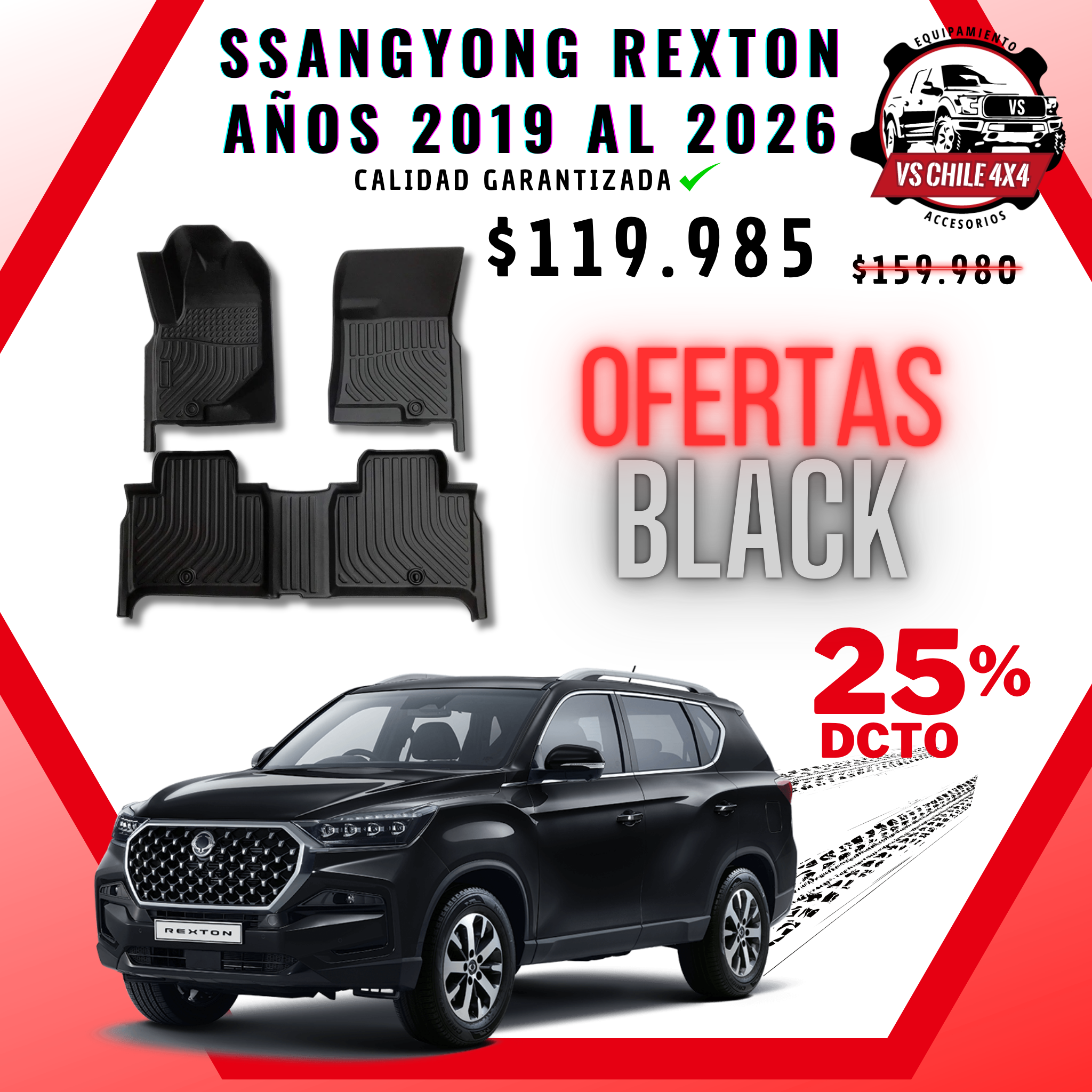 Pisos Calce Perfecto SsangYong Rexton 2019–2026 | Goma TPE | VS Chile 4x4