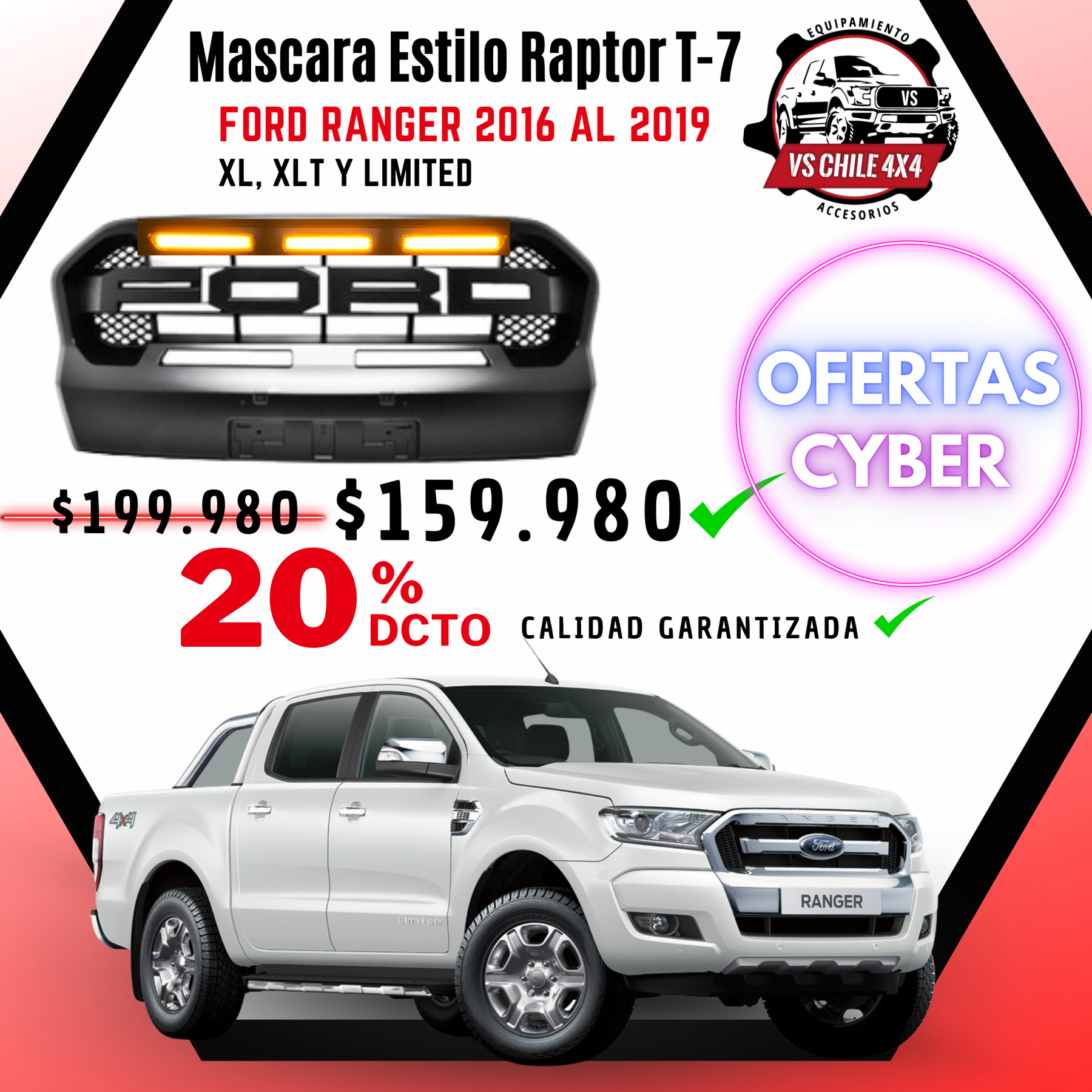 Máscara Estilo Raptor Exclusiva para Ford Ranger T7 años 2016 a 2019 Transforma tu Camioneta!