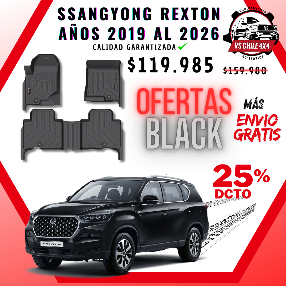 Pisos Calce Perfecto SsangYong Rexton 2019–2026 | Goma TPE | VS Chile 4x4