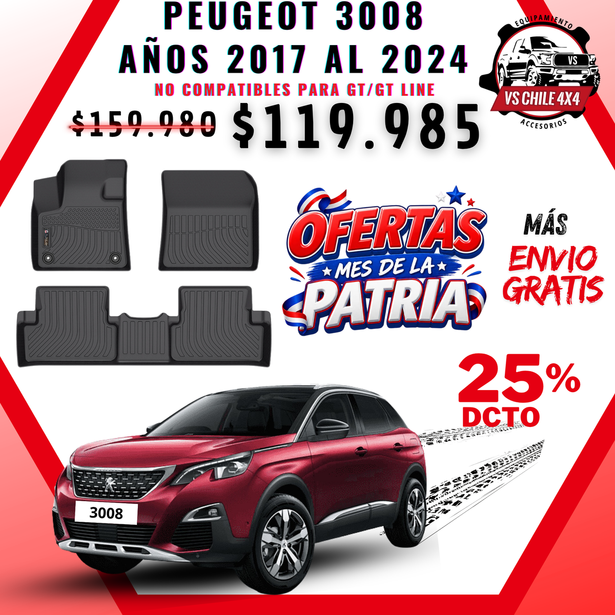 Pisos Calce Perfecto PEUGEOT 3008 años 2017 al 2024 NO COMPATIBLE PARA GT / GTLINE