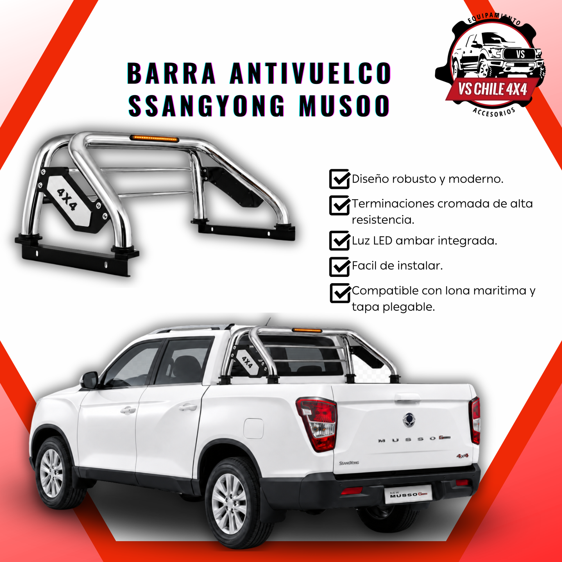 Barra Antivuelco Cromada Ssangyong Musso con Luz LED