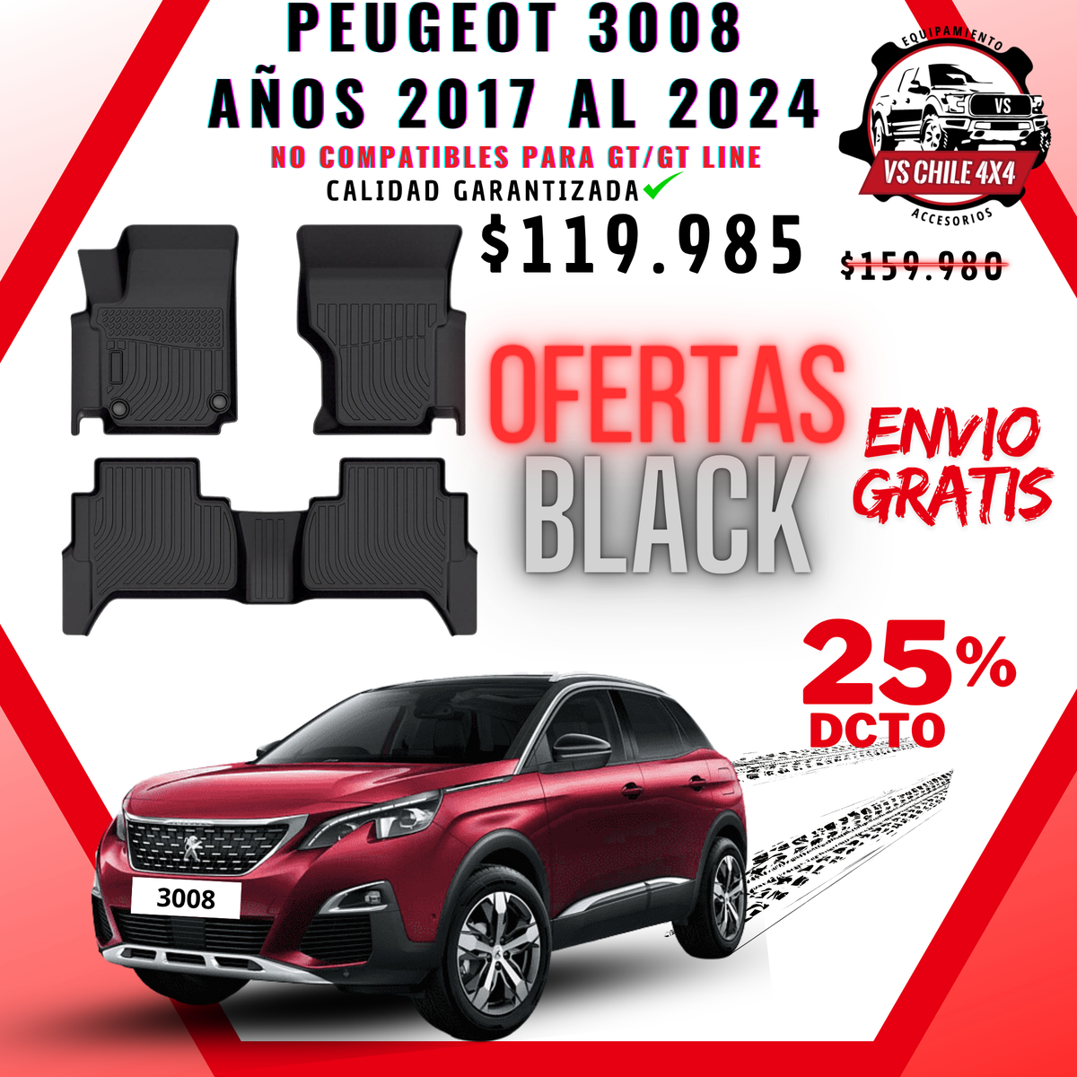 Pisos Calce Perfecto PEUGEOT 3008 años 2017 al 2024 NO COMPATIBLE PARA GT / GTLINE