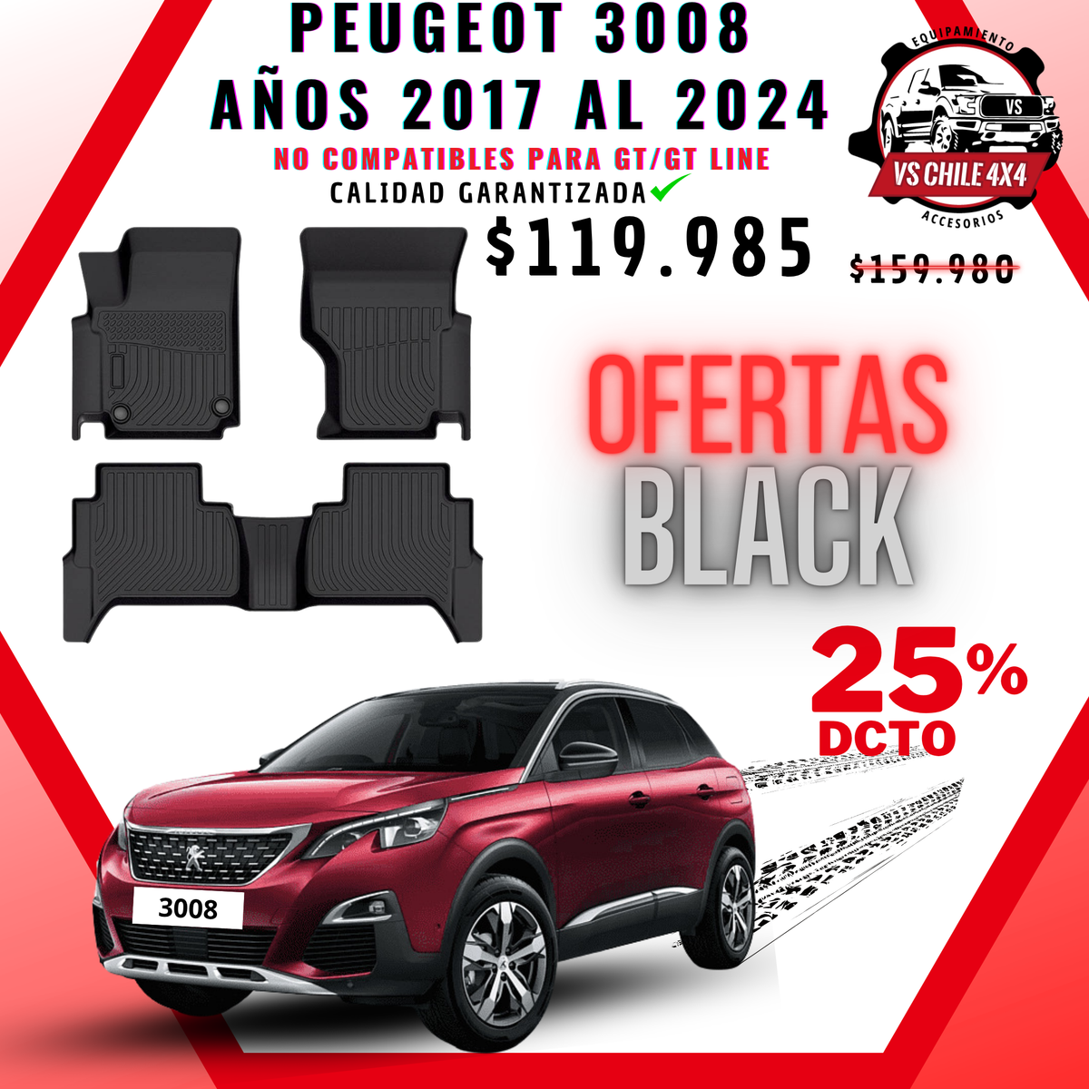 Pisos Calce Perfecto PEUGEOT 3008 años 2017 al 2024 NO COMPATIBLE PARA GT / GTLINE