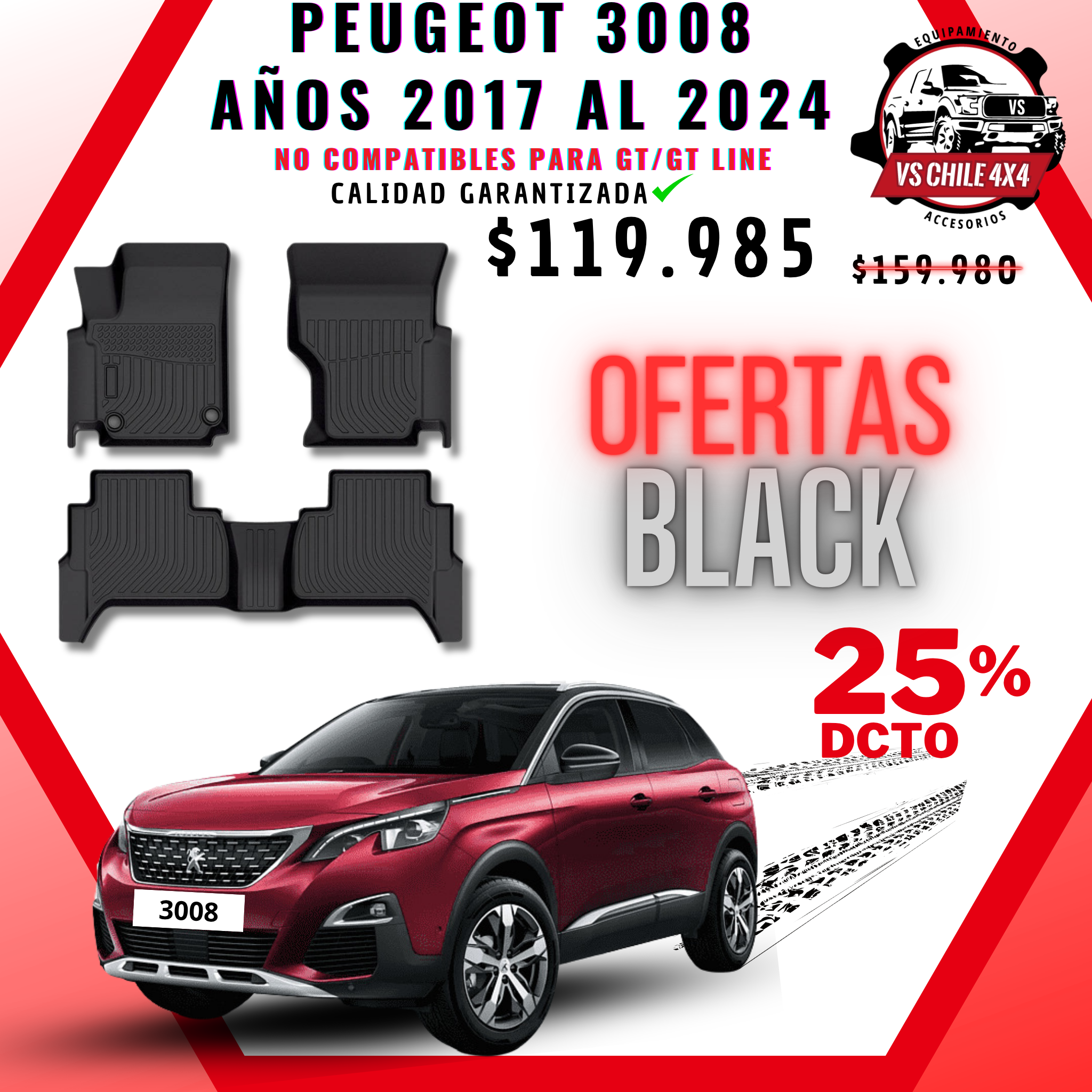 Pisos Calce Perfecto PEUGEOT 3008 años 2017 al 2024 NO COMPATIBLE PARA GT / GTLINE