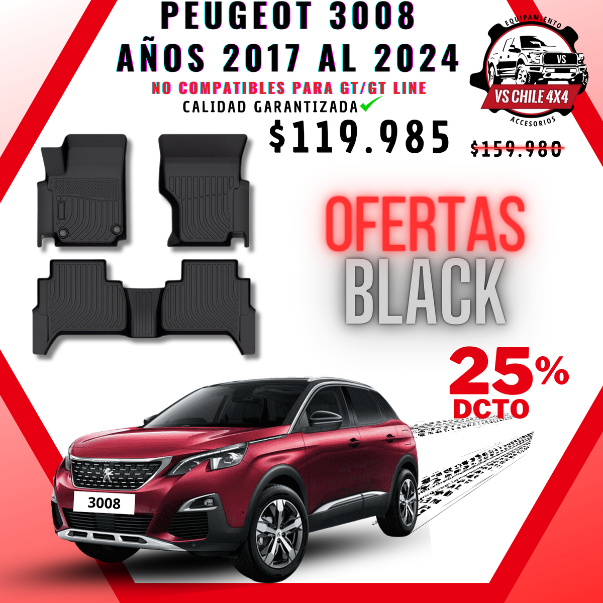 Pisos Calce Perfecto PEUGEOT 3008 años 2017 al 2024 NO COMPATIBLE PARA GT / GTLINE