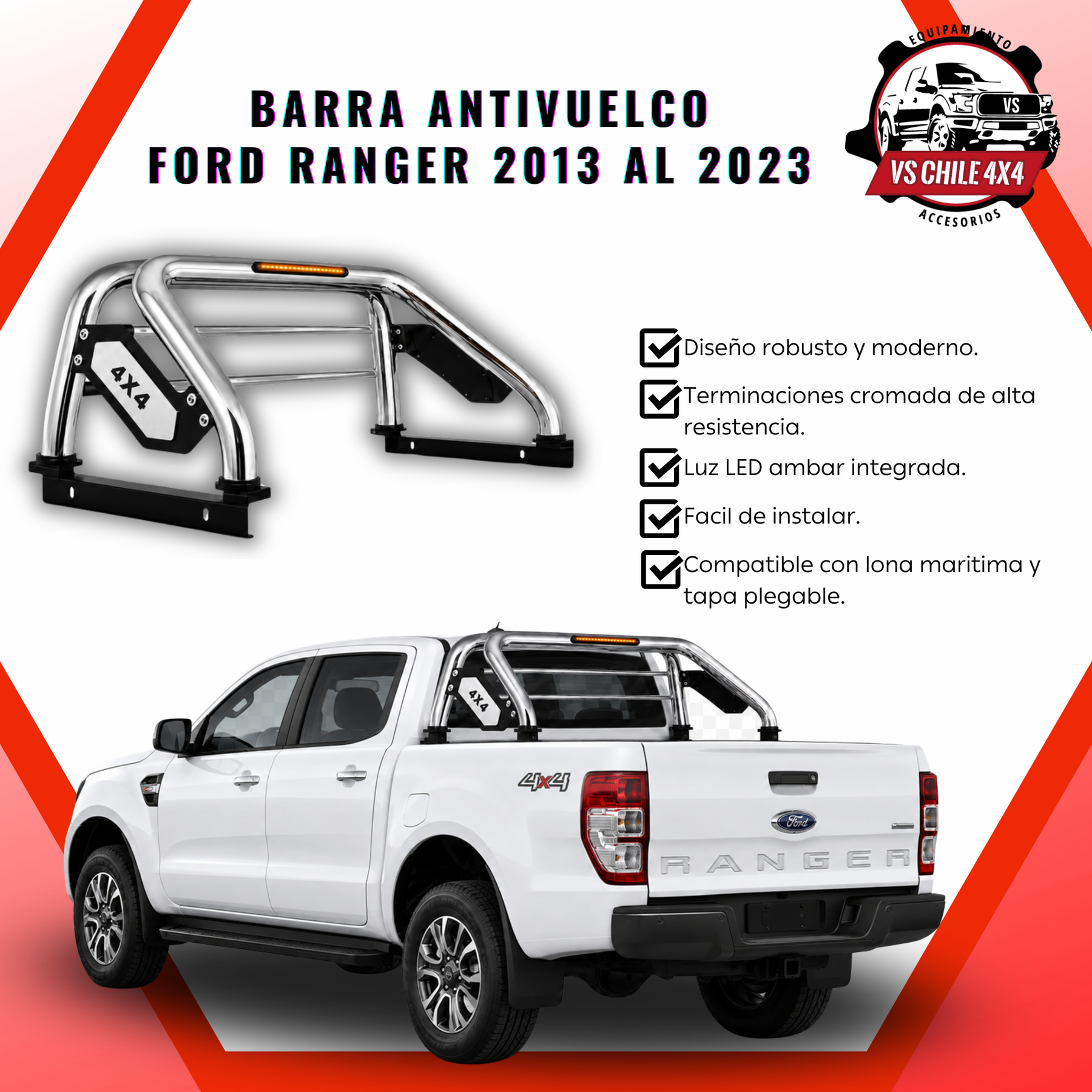 Barra Antivuelco Cromada Ford Ranger 2013-2023 con Luz LED