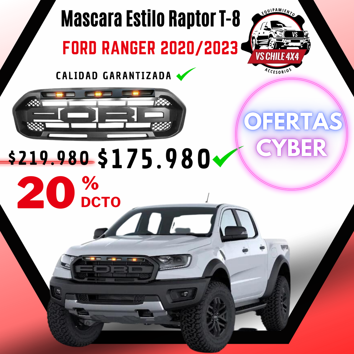 Máscara Estilo Raptor Exclusiva para Ford Ranger años 2020 a 2023 Transforma tu Camioneta!