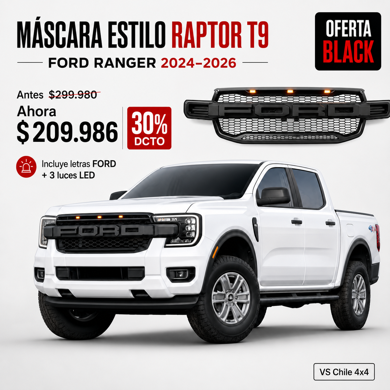 Máscara Estilo Raptor para Ford Ranger 2024–2026 | Luces LED y Ajuste Preciso