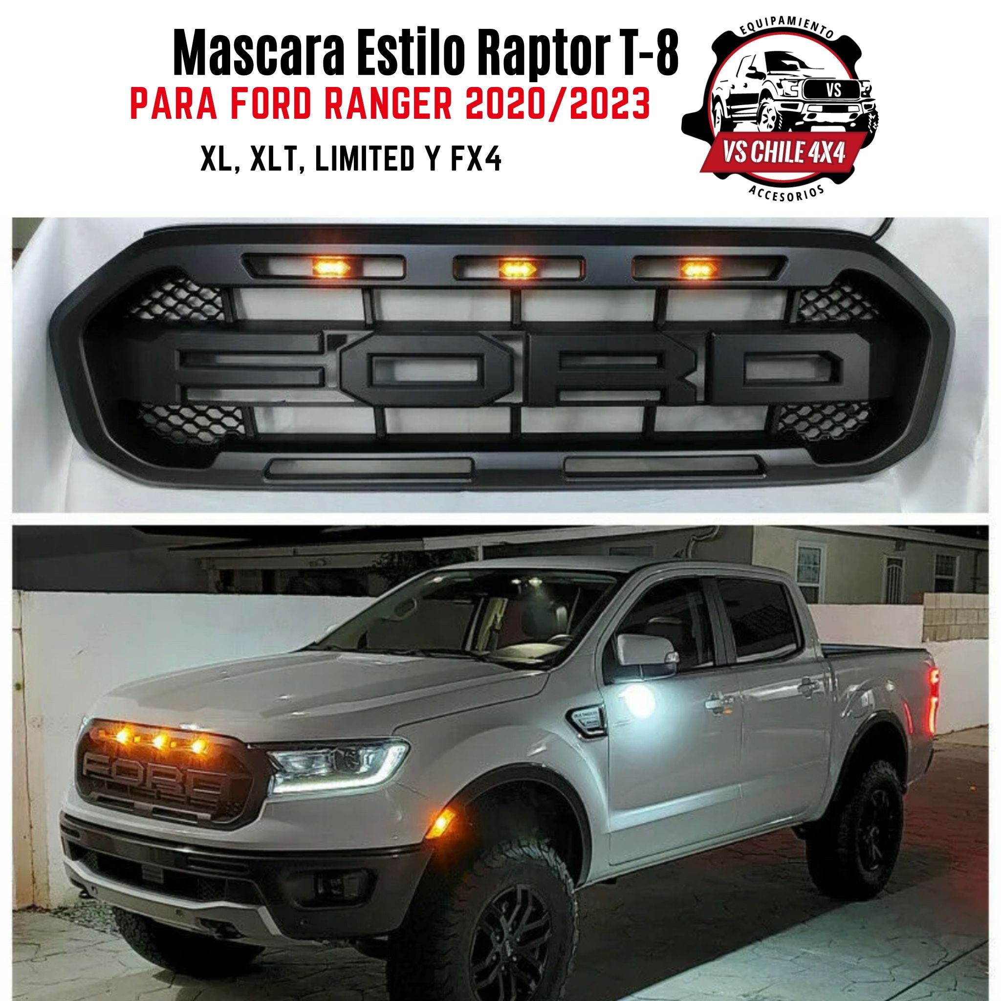 Máscara Estilo Raptor Ford Ranger (2020 - 2023) con Luces Ámbar